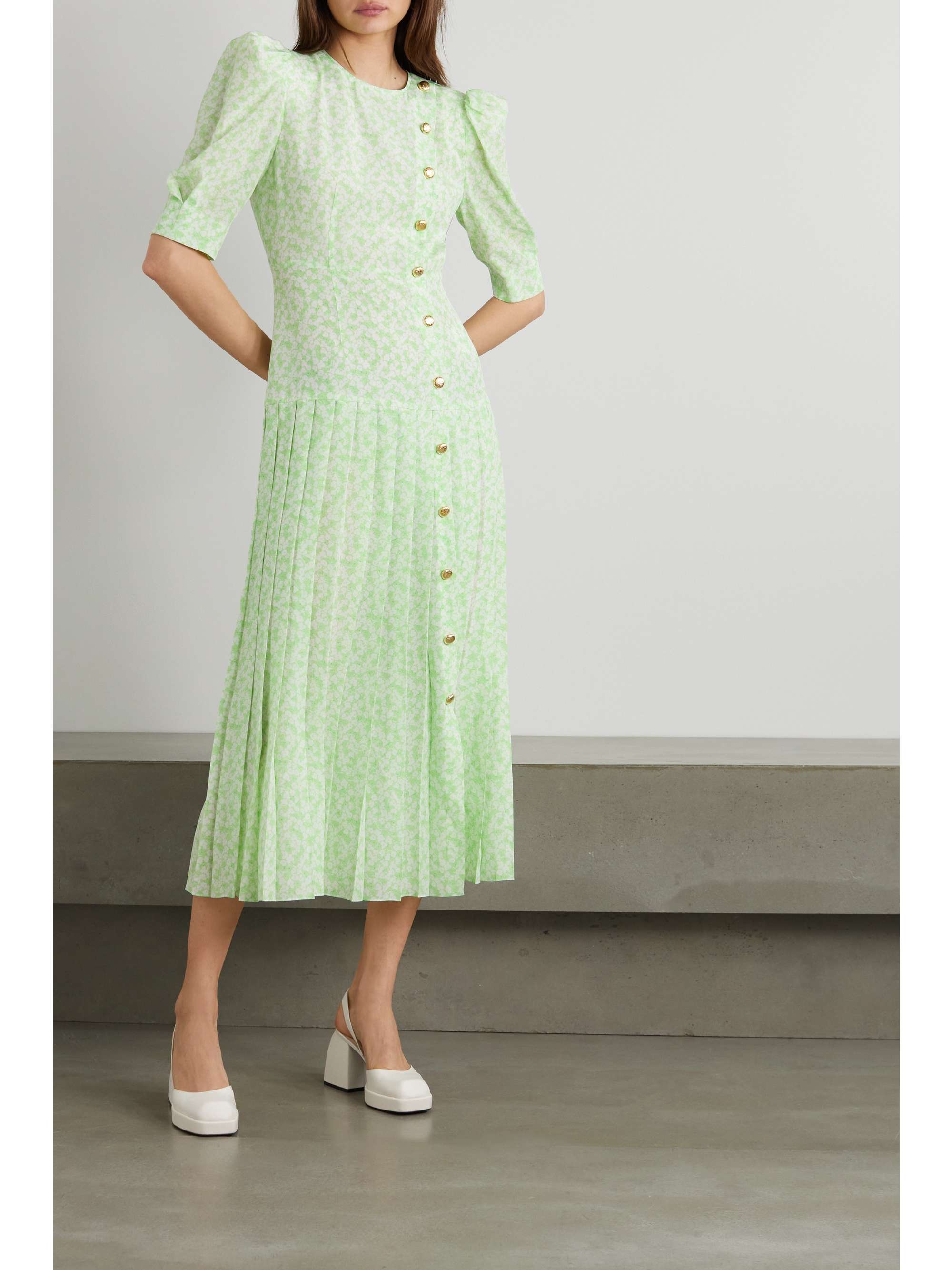 ALESSANDRA RICH Pleated floral-print silk crepe de chine midi dress