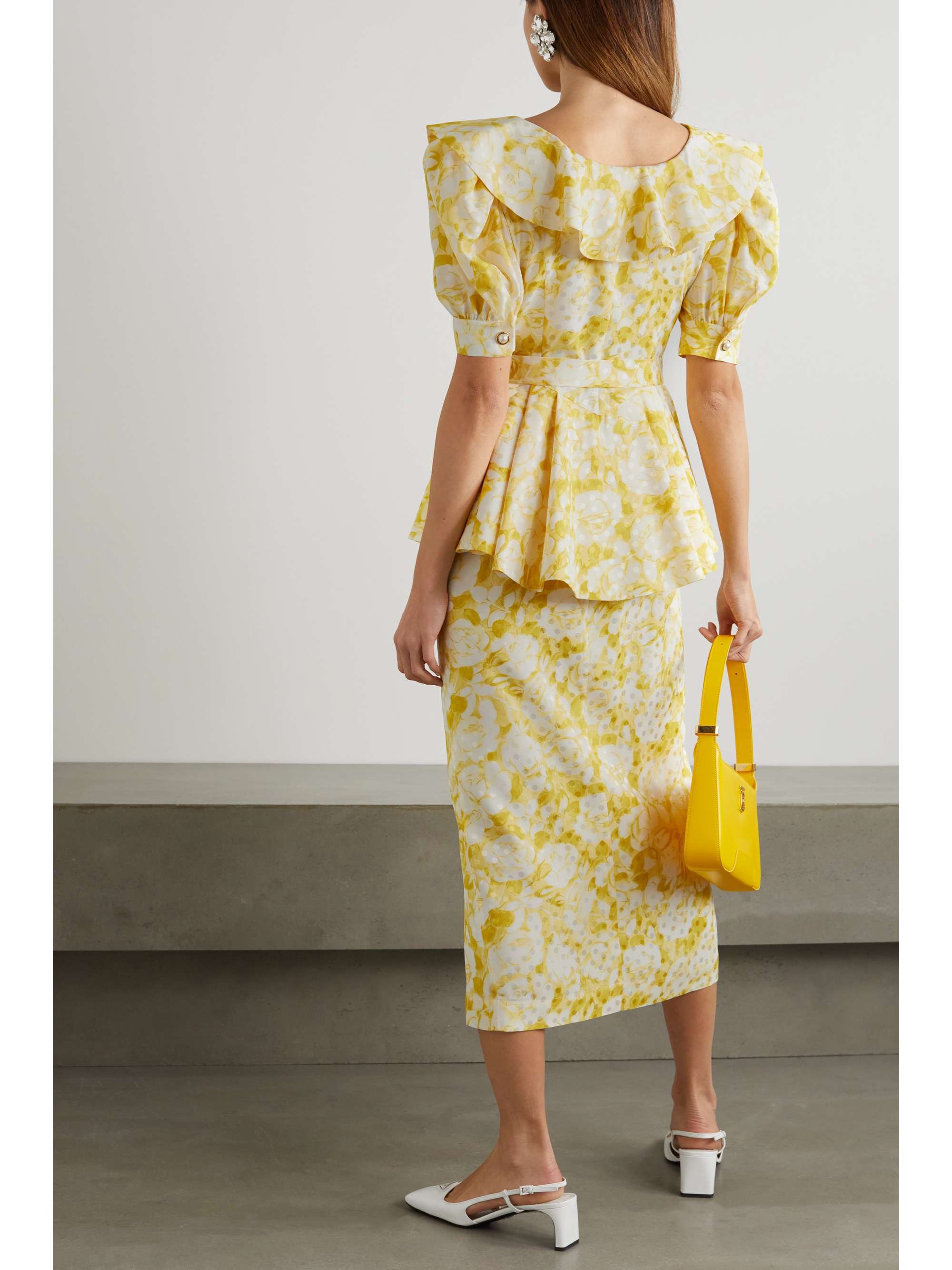 ALESSANDRA RICH Belted floral-print silk-jacquard peplum midi dress