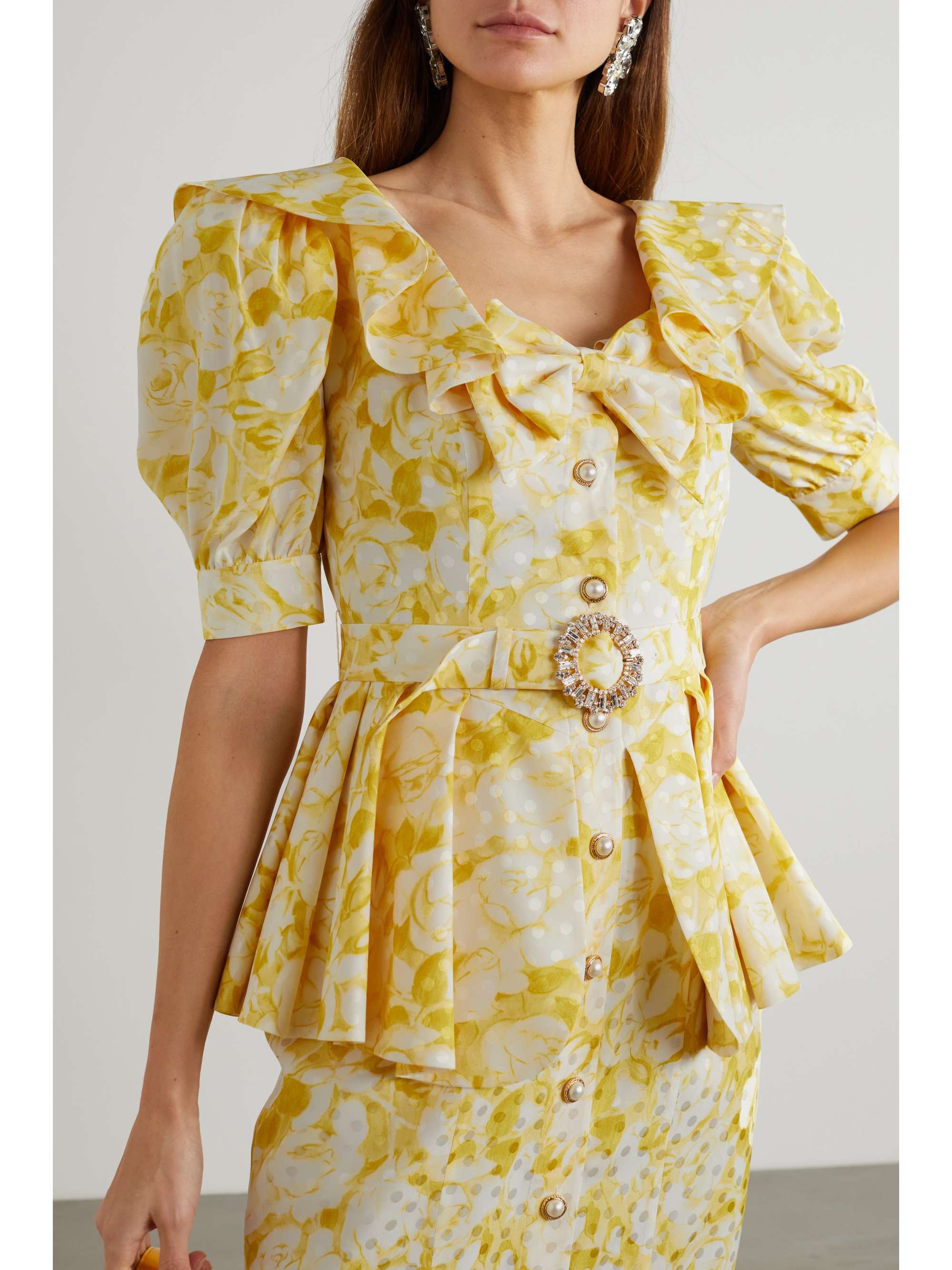 ALESSANDRA RICH Belted floral-print silk-jacquard peplum midi dress