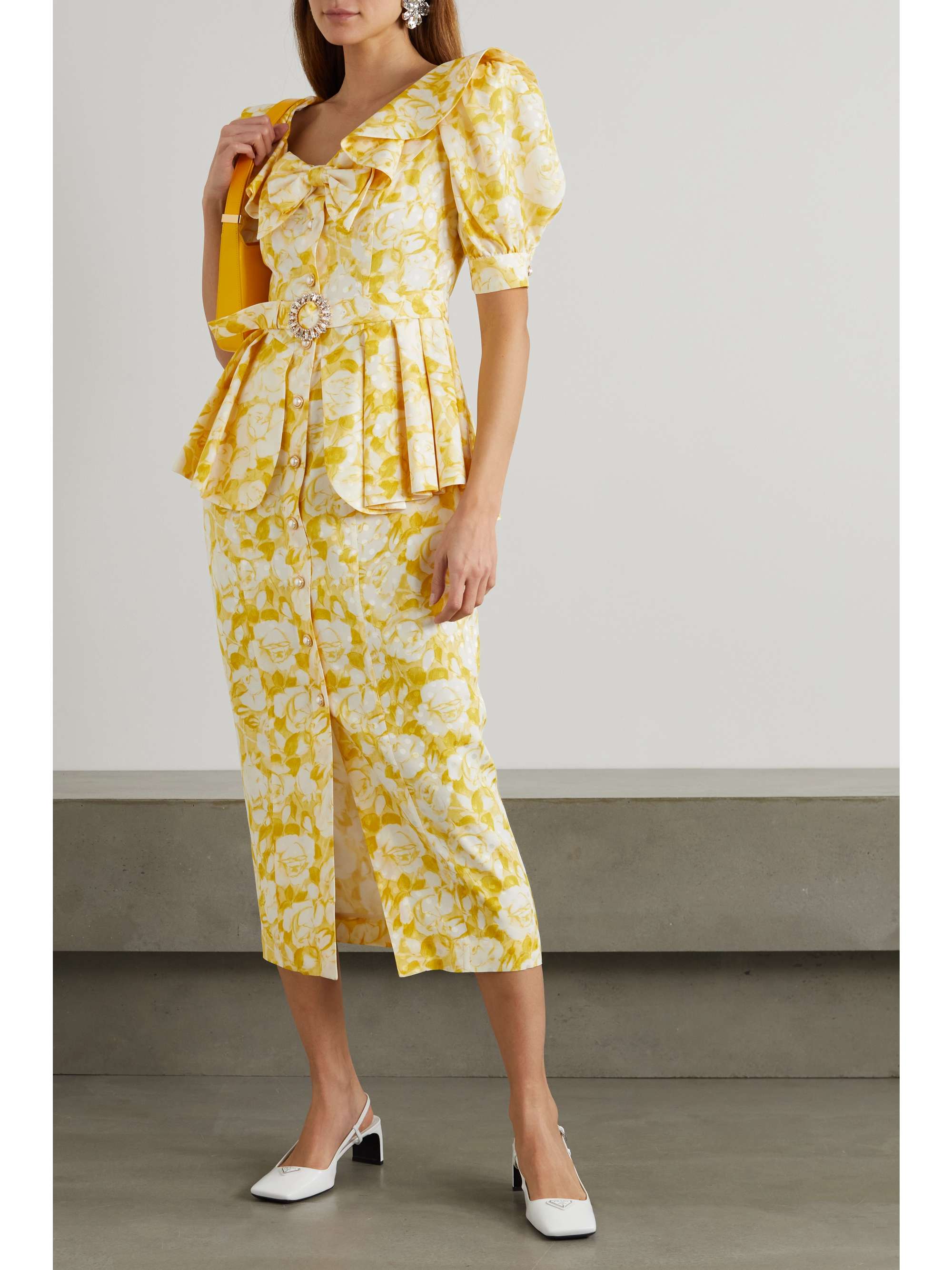 ALESSANDRA RICH Belted floral-print silk-jacquard peplum midi dress