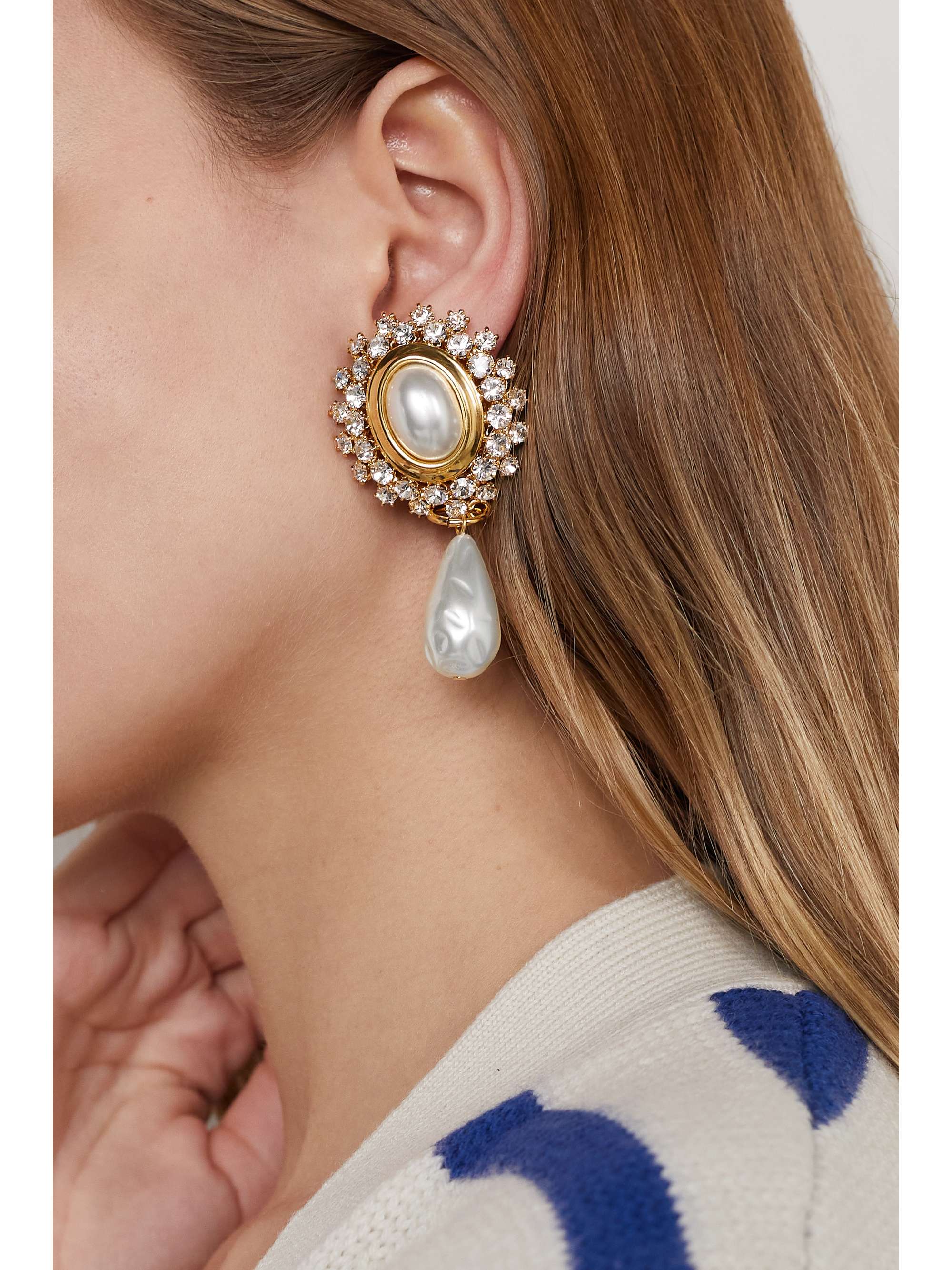 ALESSANDRA RICH Gold-tone, crystal and faux pearl clip earrings