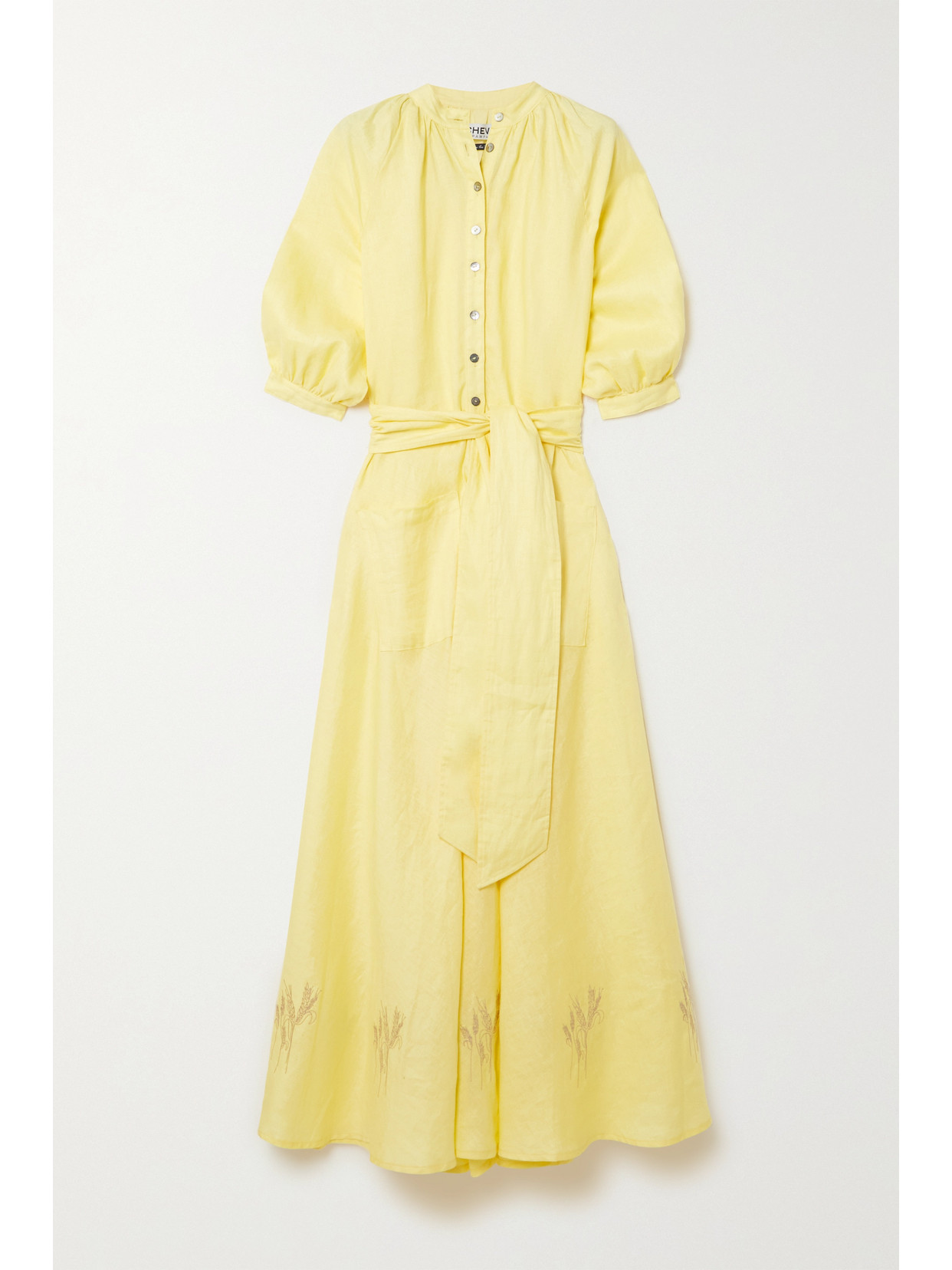 Acheval Pampa Argentina Belted Embroidered Linen Maxi Shirt Dress In Yellow