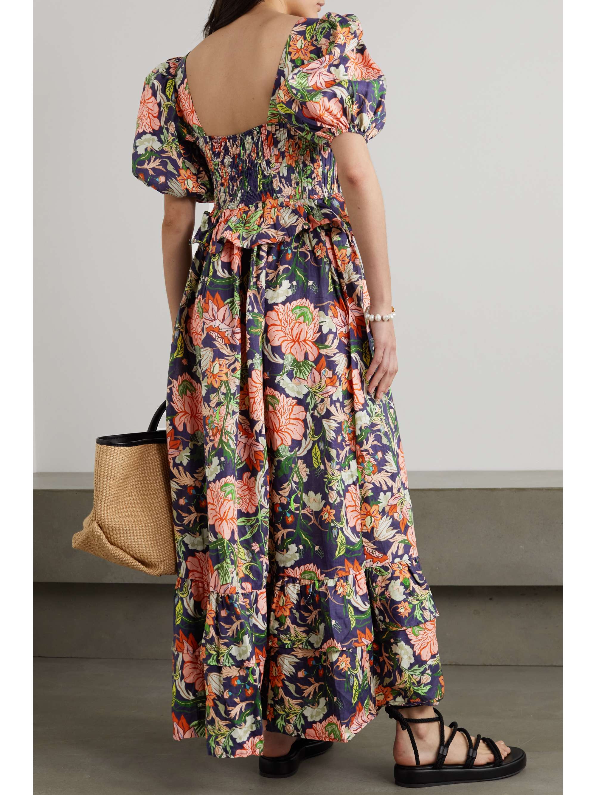 LUG VON SIGA Viola shirred tiered floral-print linen peplum midi dress