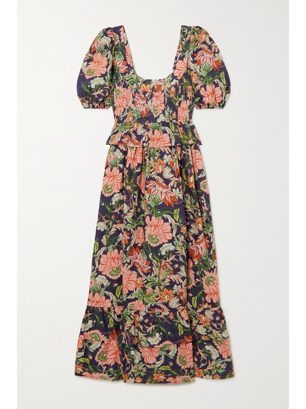 Lug Von Siga Viola Shirred Tiered Floral-print Linen Peplum Midi Dress In Blue