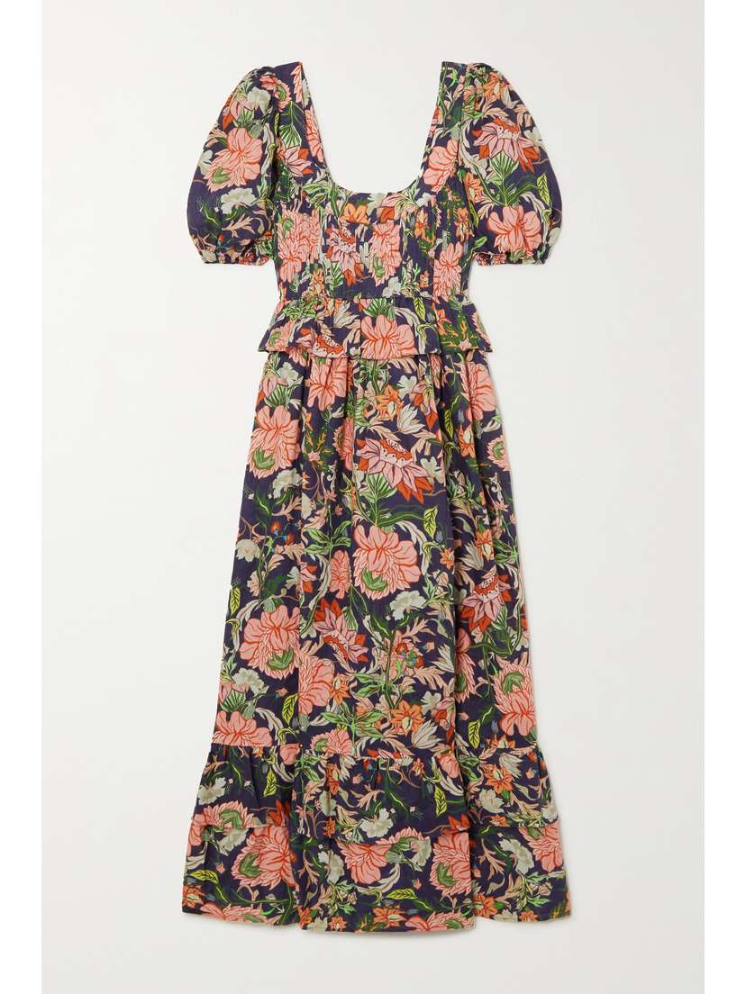 LUG VON SIGA Viola Shirred Tiered Floral-print Linen Peplum Midi Dress