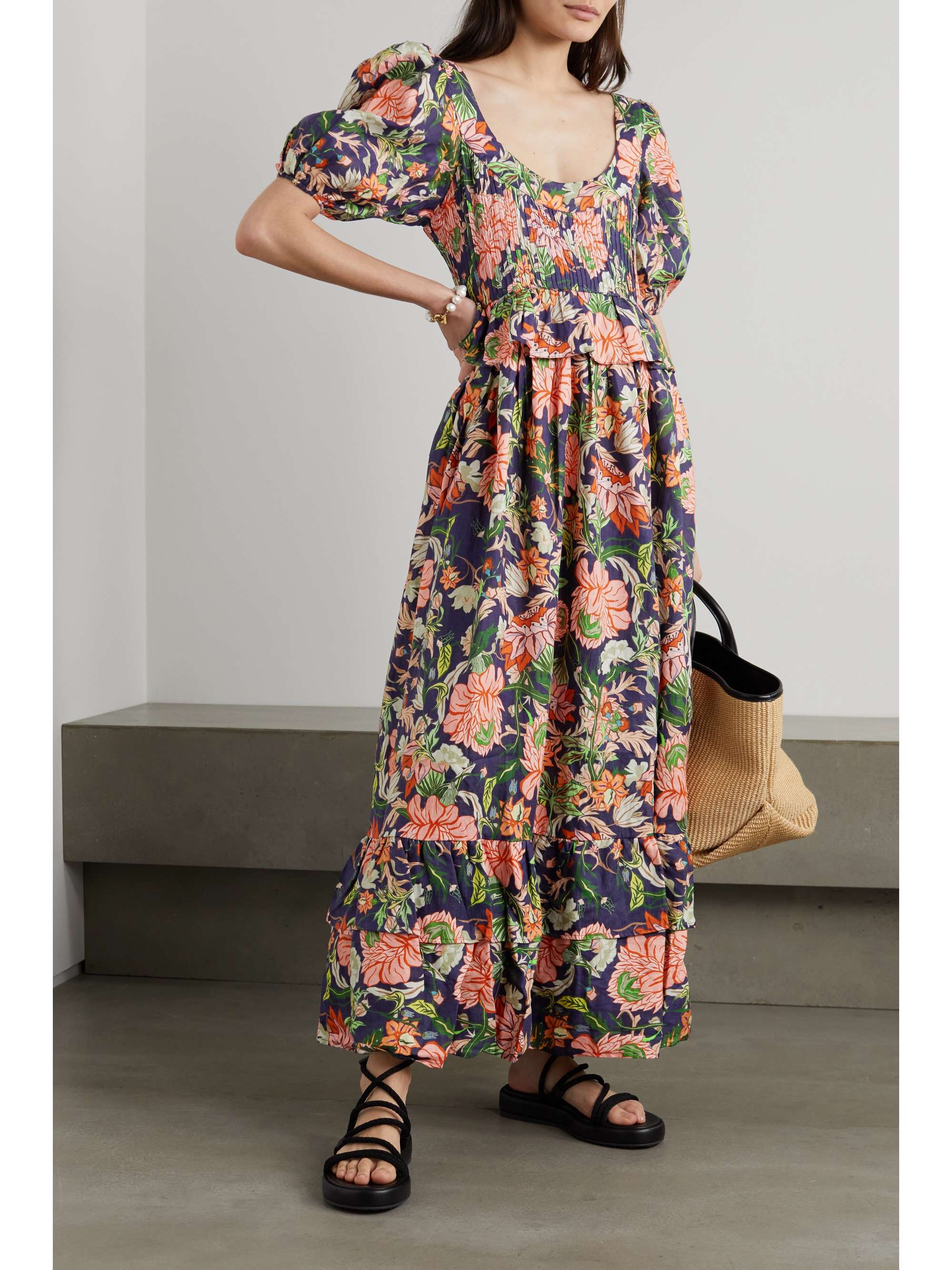 LUG VON SIGA Viola shirred tiered floral-print linen peplum midi dress