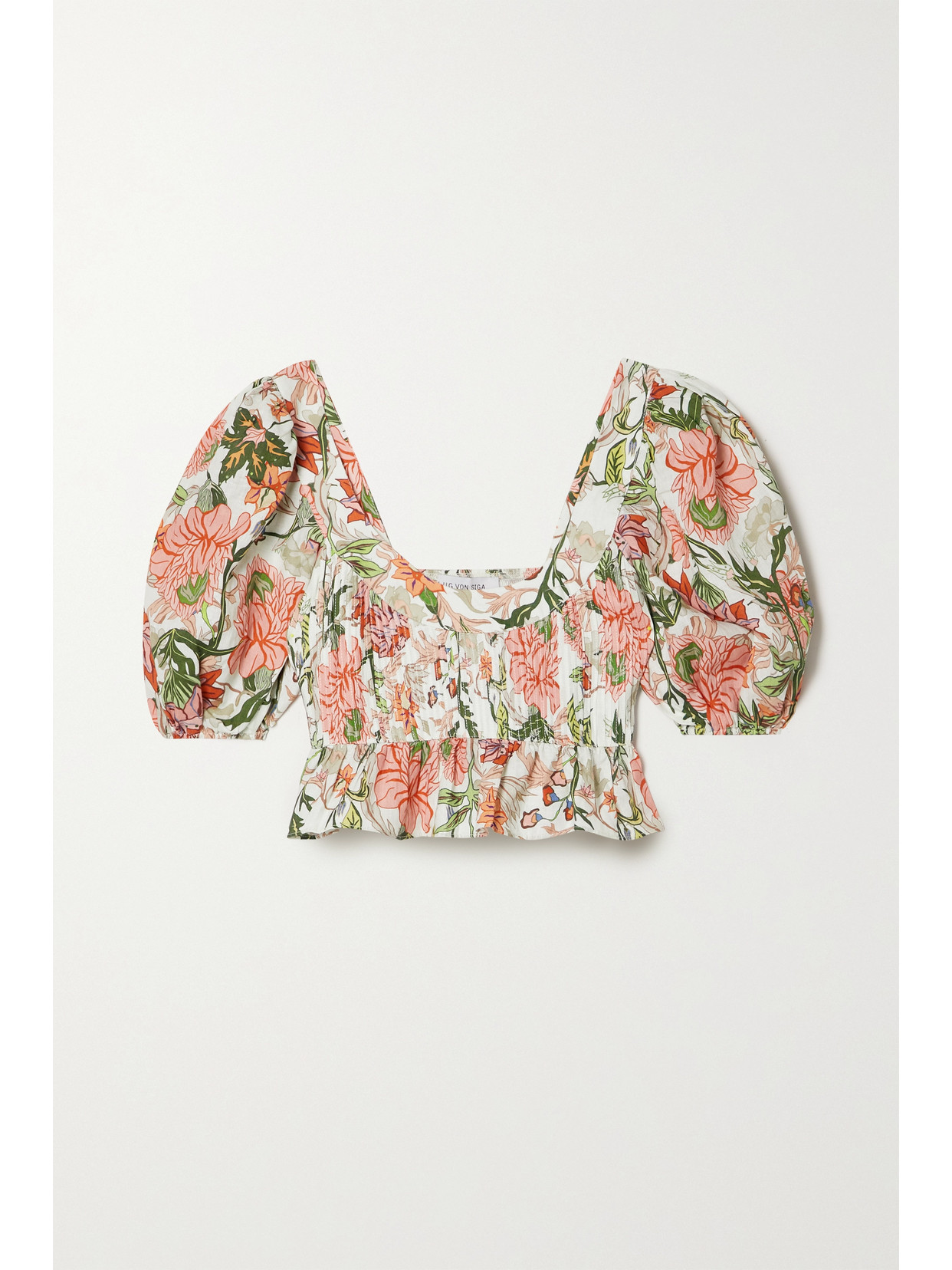 Lug Von Siga Alicia Pintucked Shirred Floral-print Linen Peplum Top In Pink