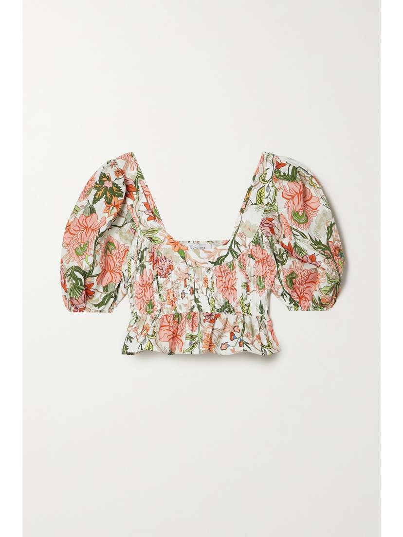 LUG VON SIGA Alicia Pintucked Shirred Floral-print Linen Peplum Top