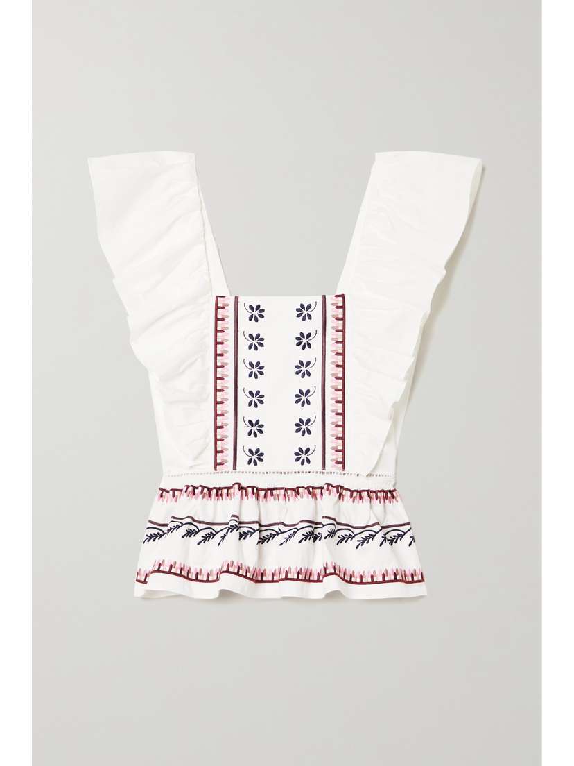 LUG VON SIGA Jade Ruffled Shirred Embroidered Cotton-poplin Blouse