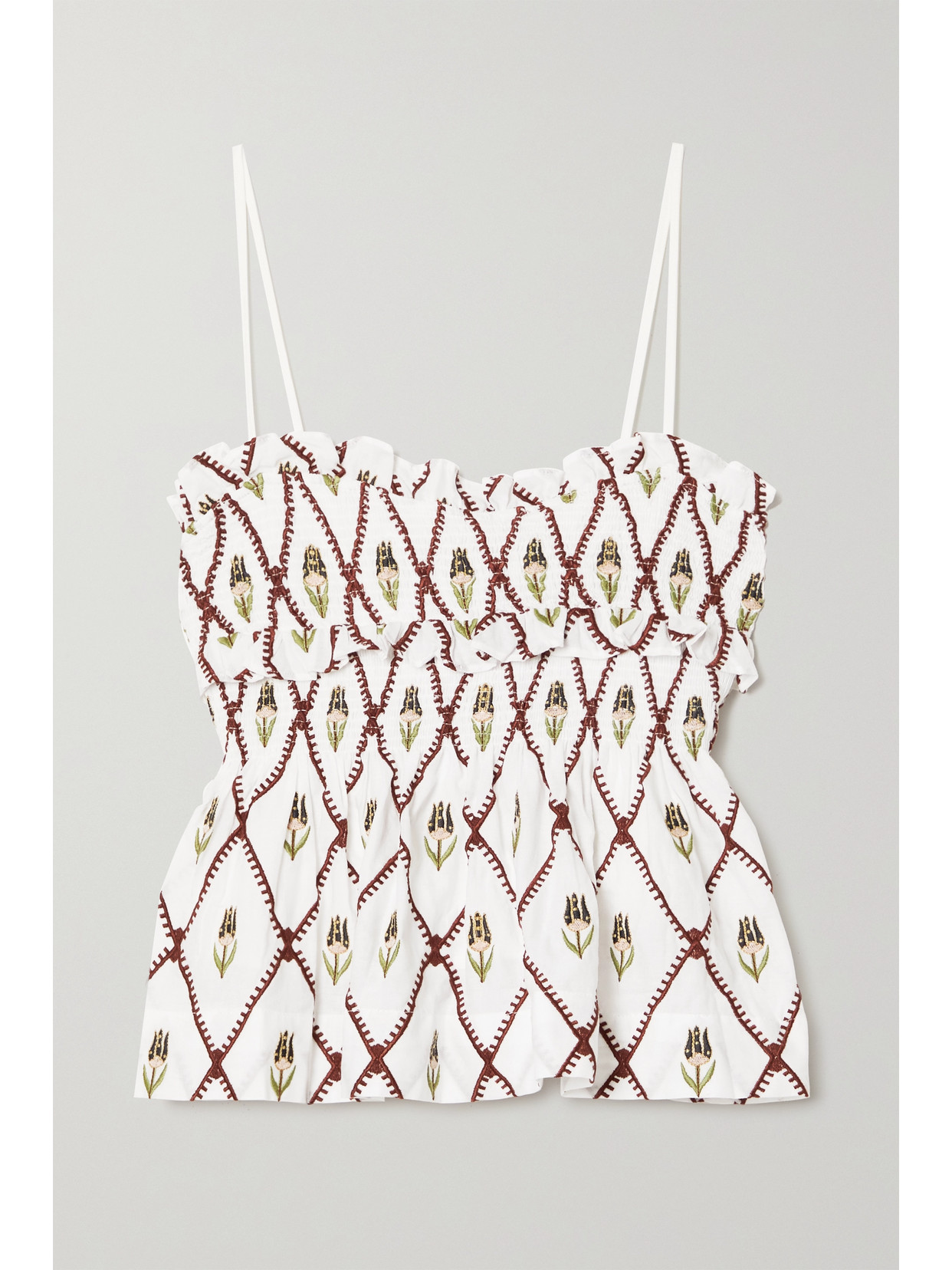 Lug Von Siga Amara Ruffled Shirred Embroidered Cotton-poplin Camisole In White