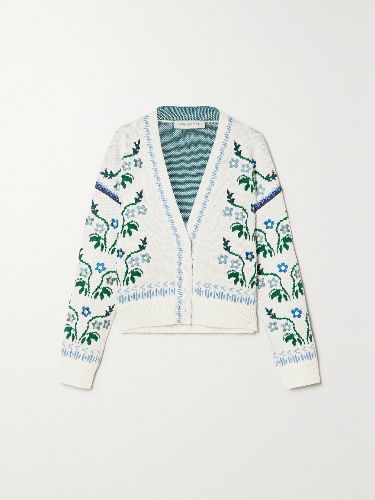Lug Von Siga Avilda Embroidered Jacquard-knit Cotton Cardigan In Blue