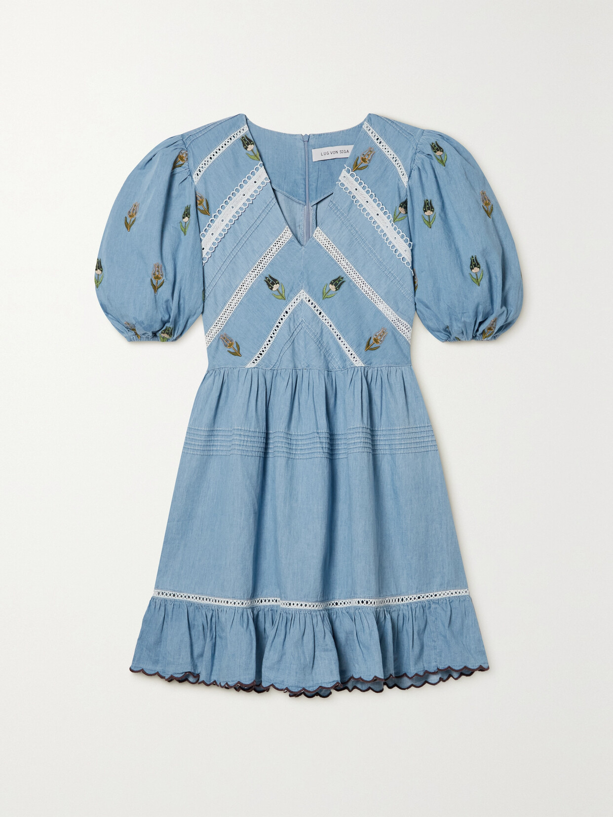 LUG VON SIGA Emma Ruffled Embroidered Cotton-chambray Mini Dress - Blue