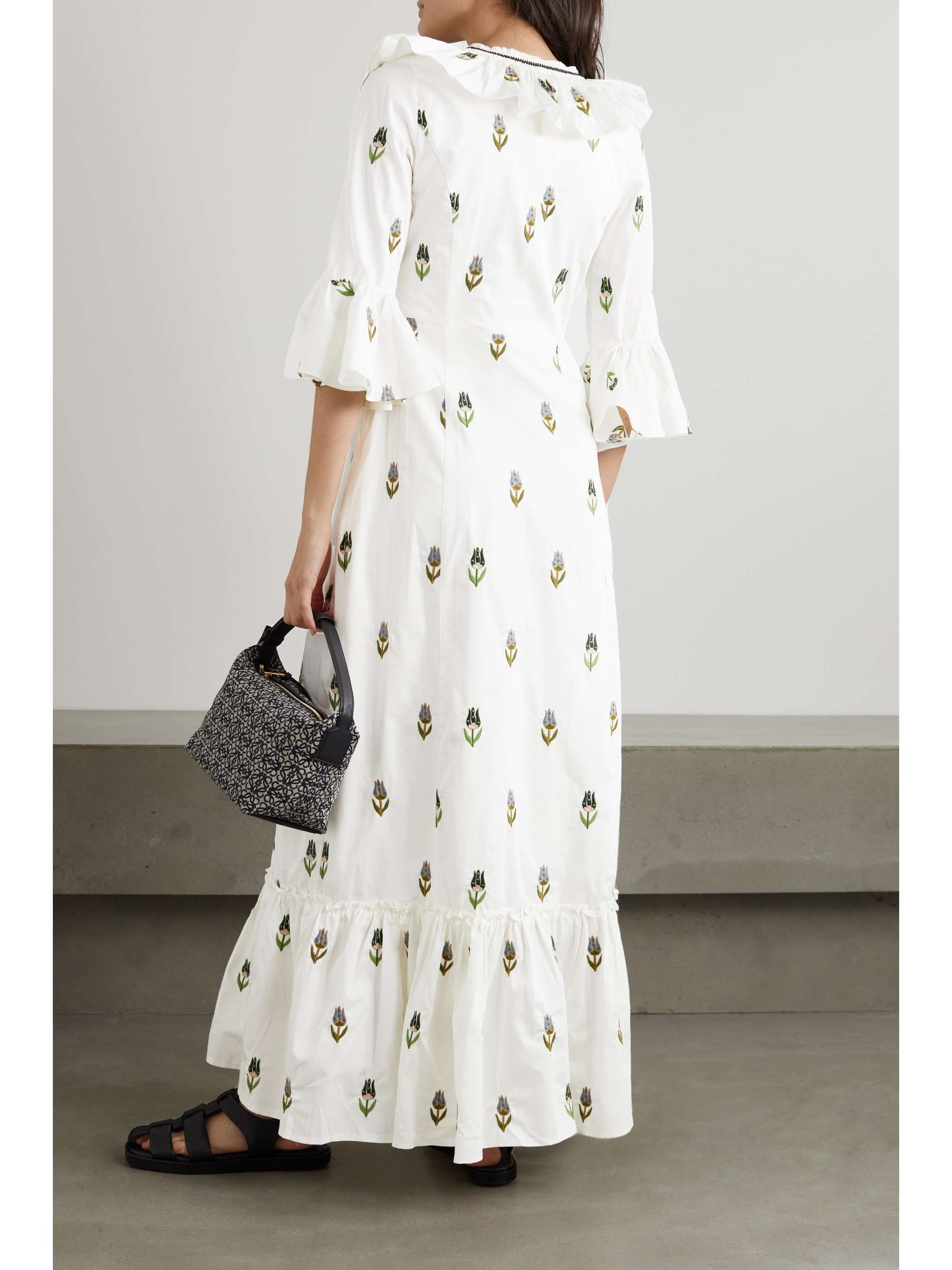 LUG VON SIGA Layla bow-detailed ruffled embroidered cotton-poplin maxi dress