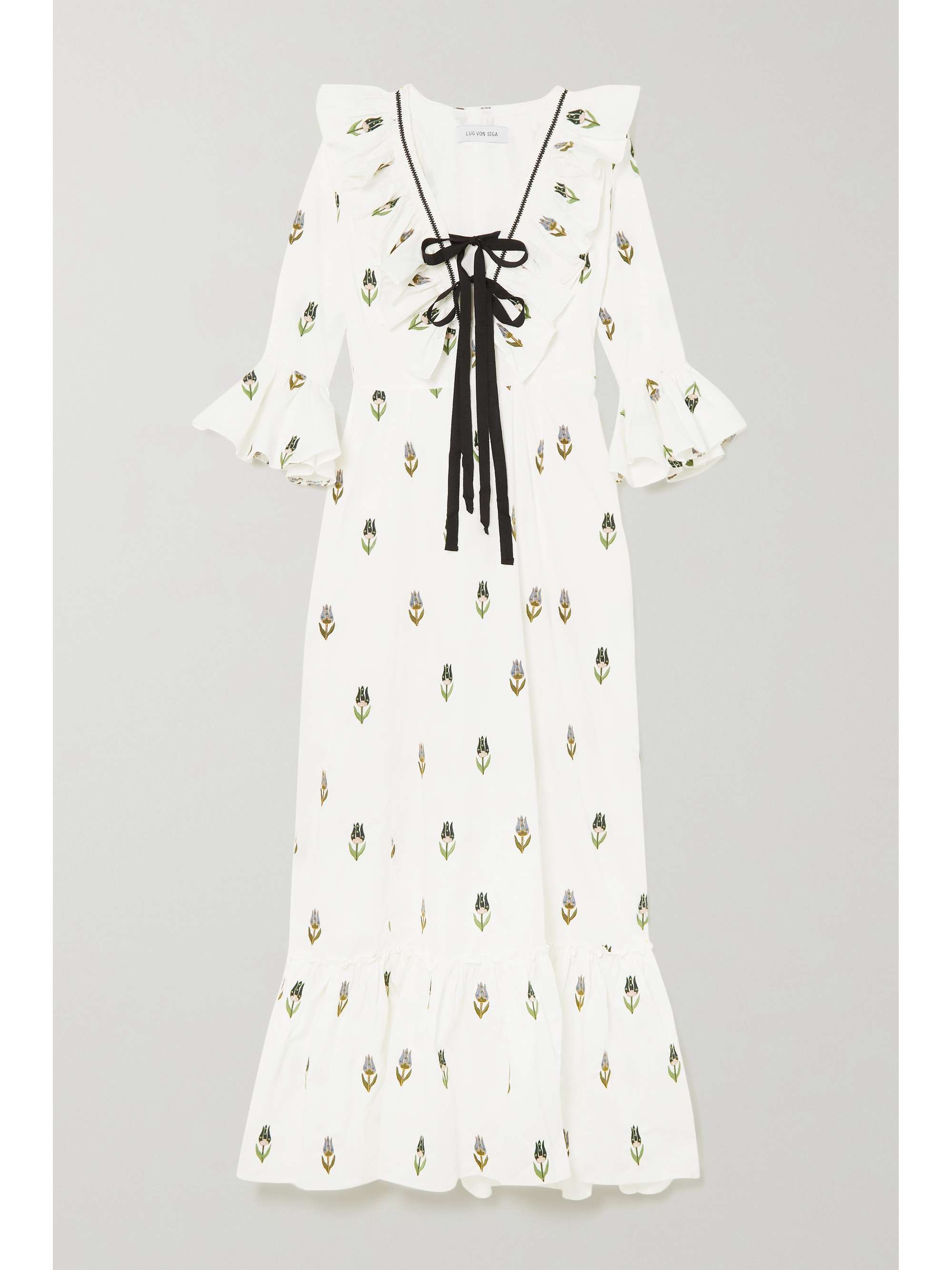 LUG VON SIGA Layla bow-detailed ruffled embroidered cotton-poplin maxi dress