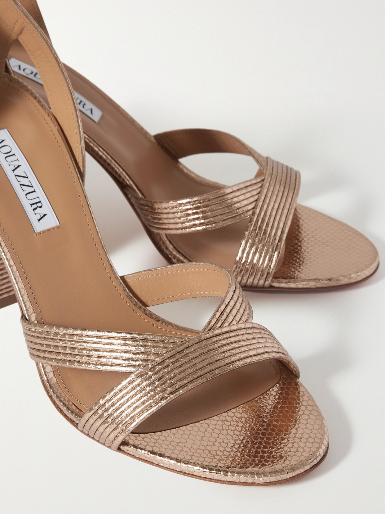 AQUAZZURA ARI 85 METALLIC LEATHER SANDALS