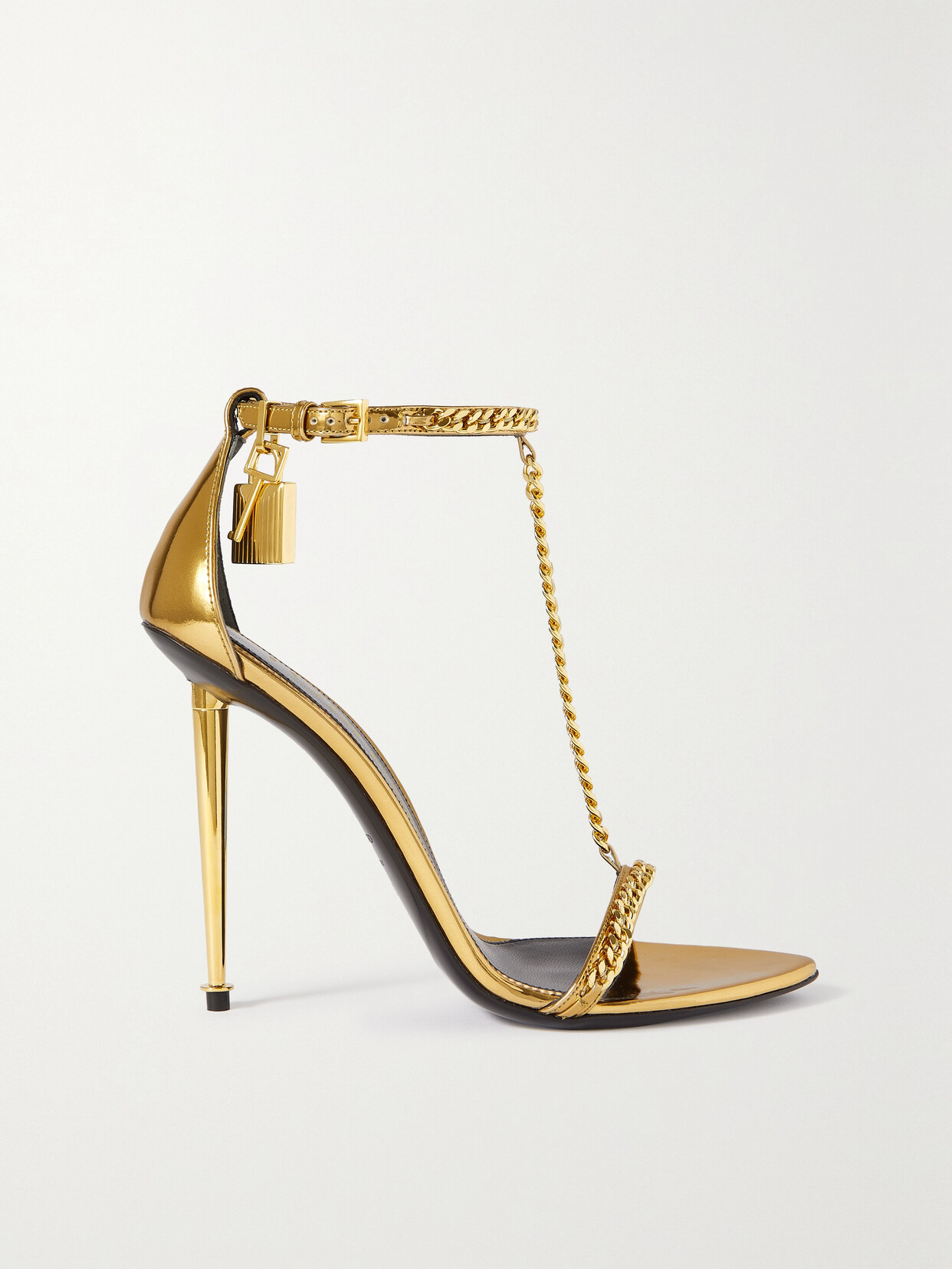 TOM FORD PADLOCK CHAIN EMBELLISHED METALLIC LEATHER SANDALS