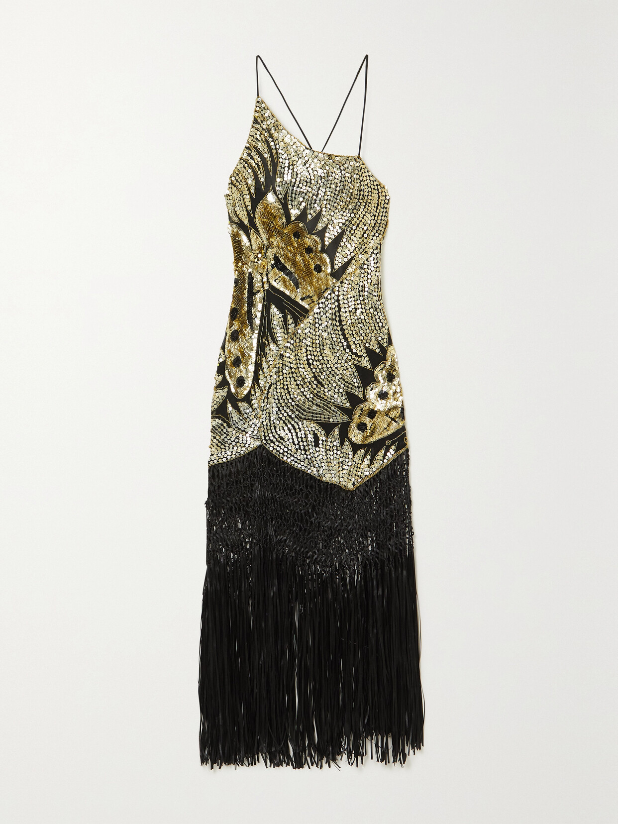 Conner Ives Fringed Sequin-embellished Silk-satin Gown - Black