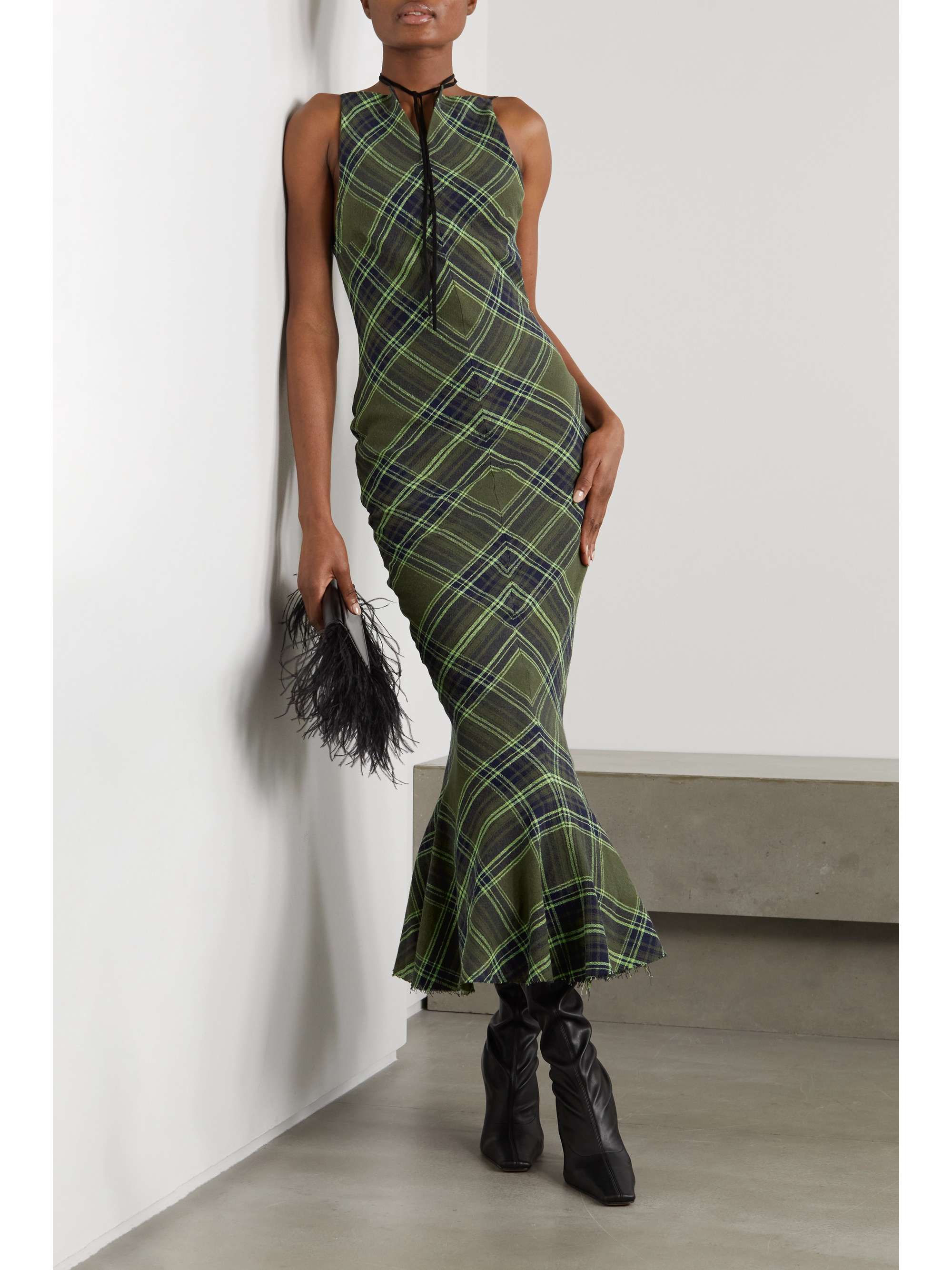 CONNER IVES Fluted checked cotton-blend gauze midi dress