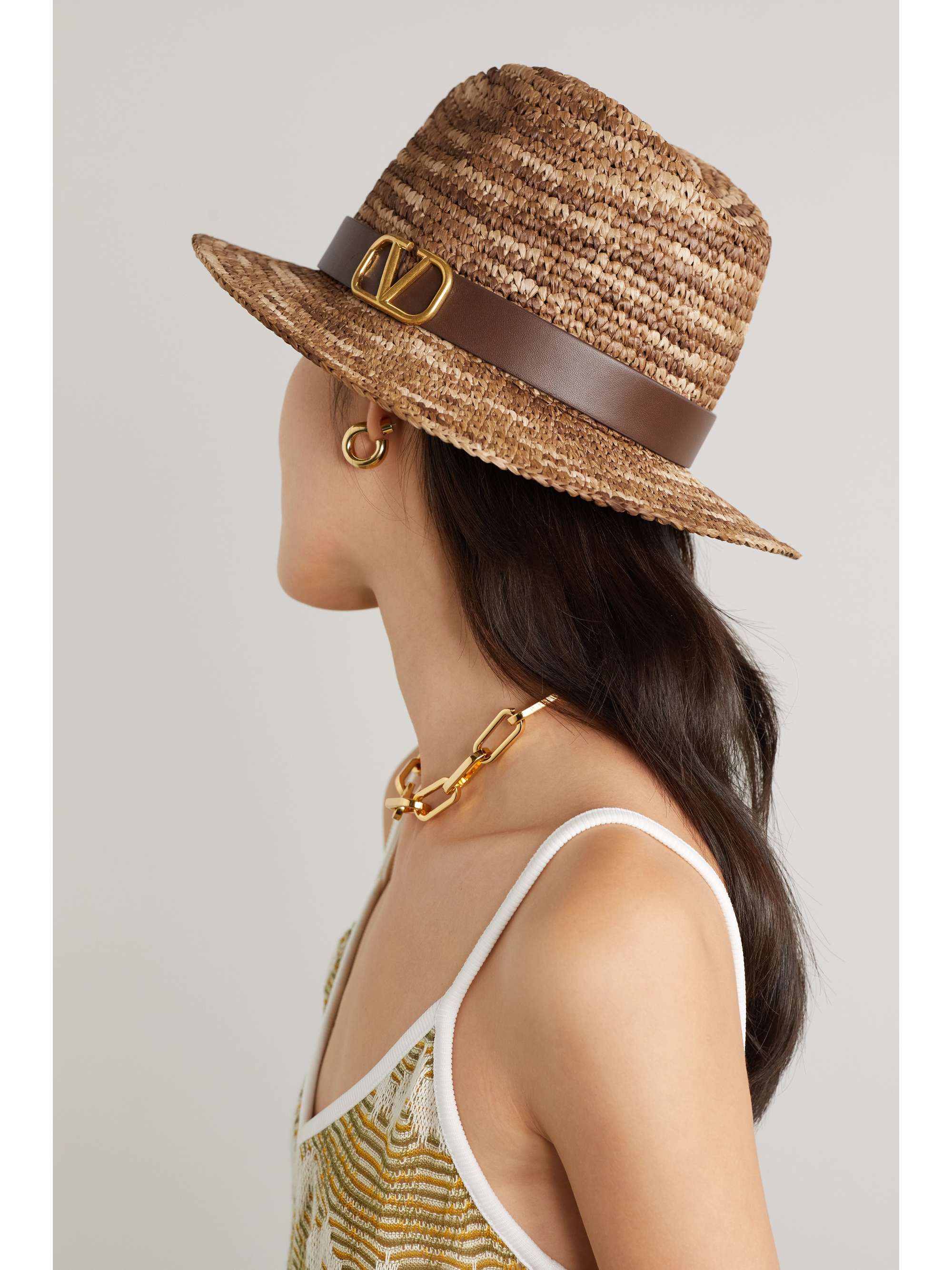 Brown Leather-trimmed crochet fedora 