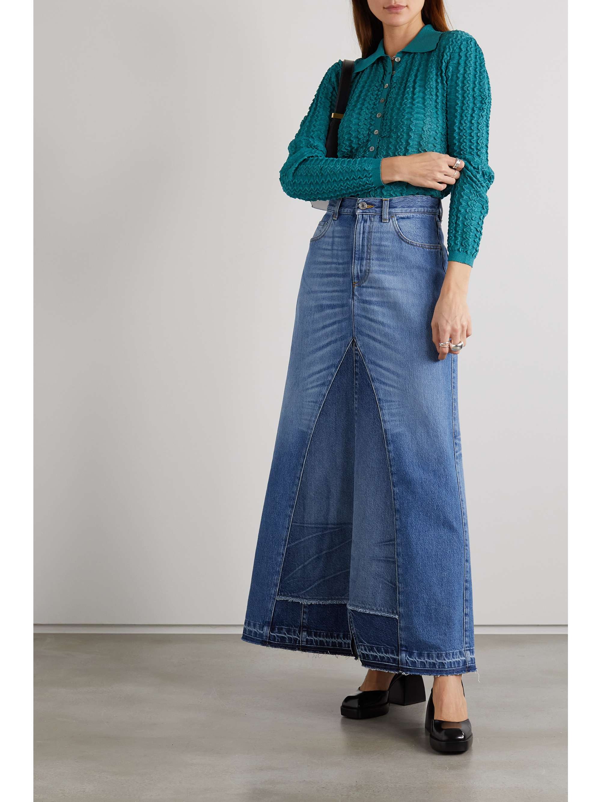 Light denim Patchwork frayed denim maxi 
