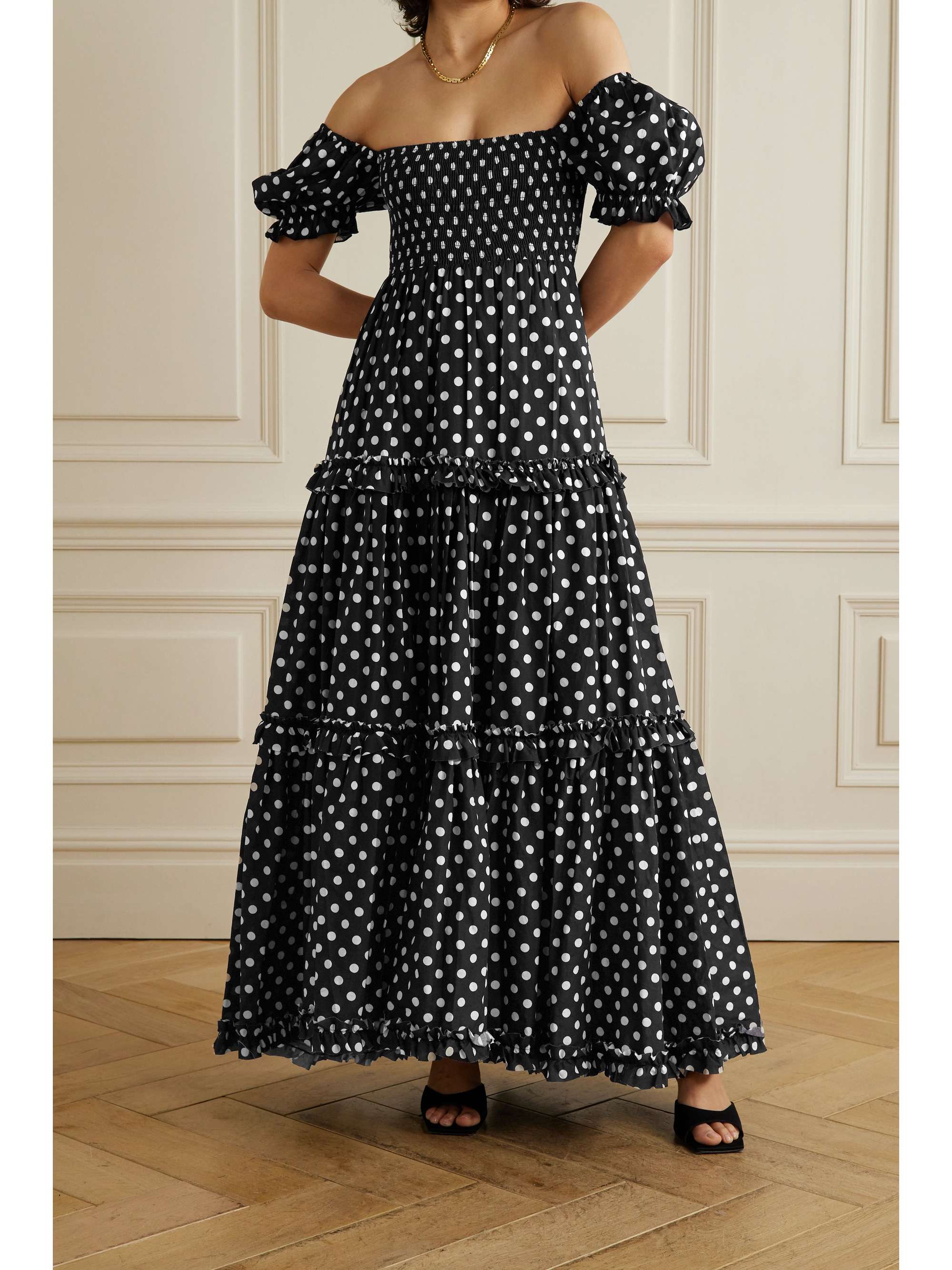 CAROLINE CONSTAS Zuri off-the-shoulder smocked polka-dot cotton-poplin ...