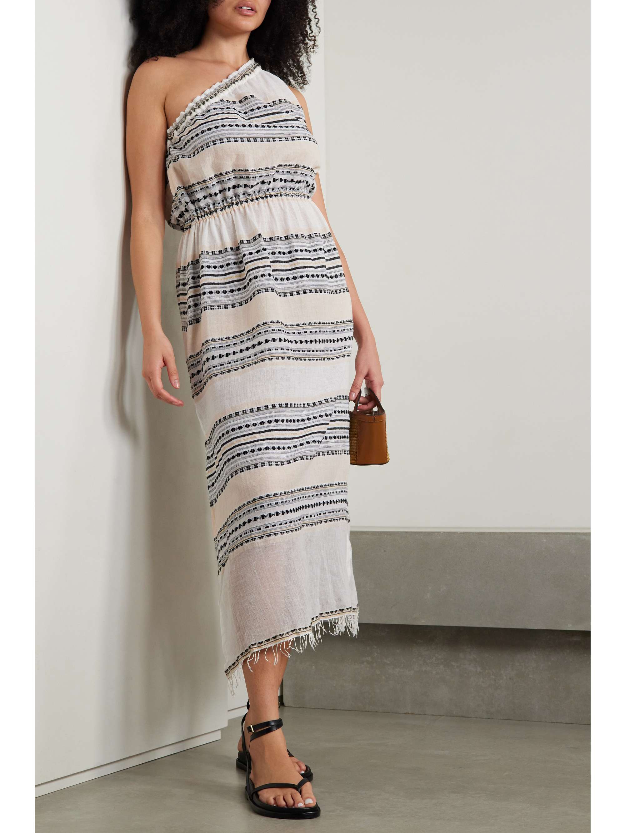 LEMLEM Habiba oneshoulder fringed striped cottonblend gauze maxi