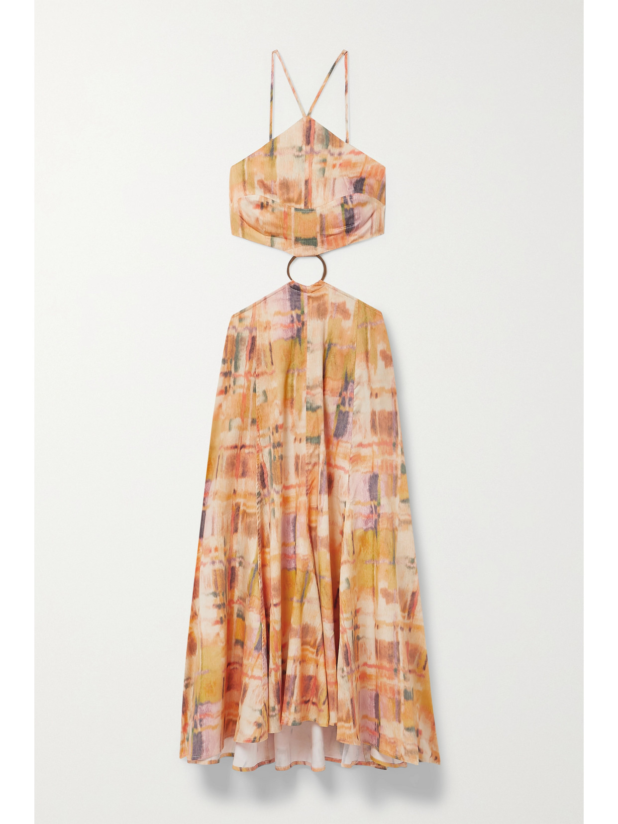 Shop Cult Gaia Nadeesha Cutout Embellished Printed Cotton-blend Sateen Halterneck Midi Dress In Orange