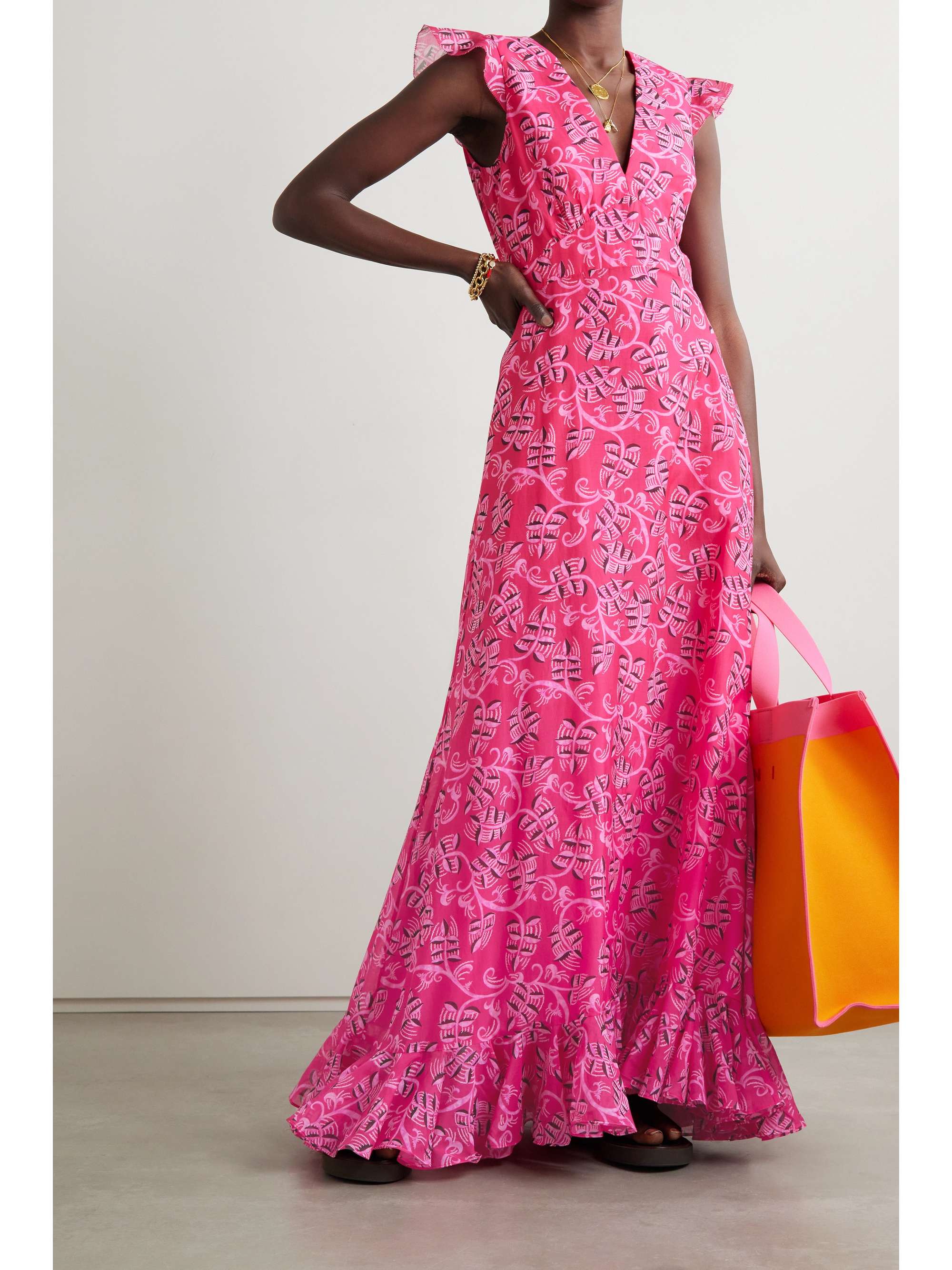 Pink Emma ruffled floral-print cotton 