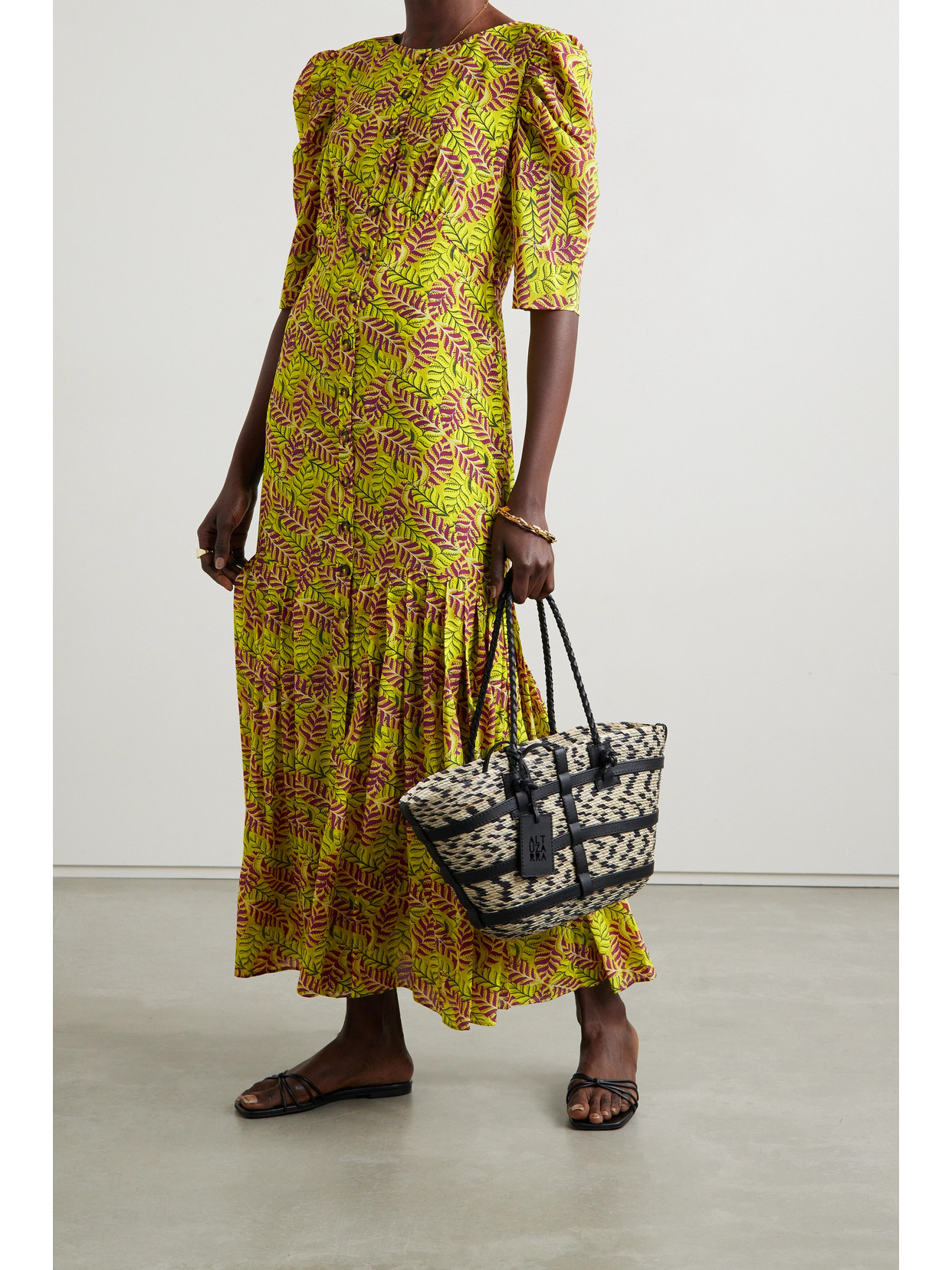 Shop Saloni Colette Pleated Floral-print Silk Crepe De Chine Maxi Dress In Yellow