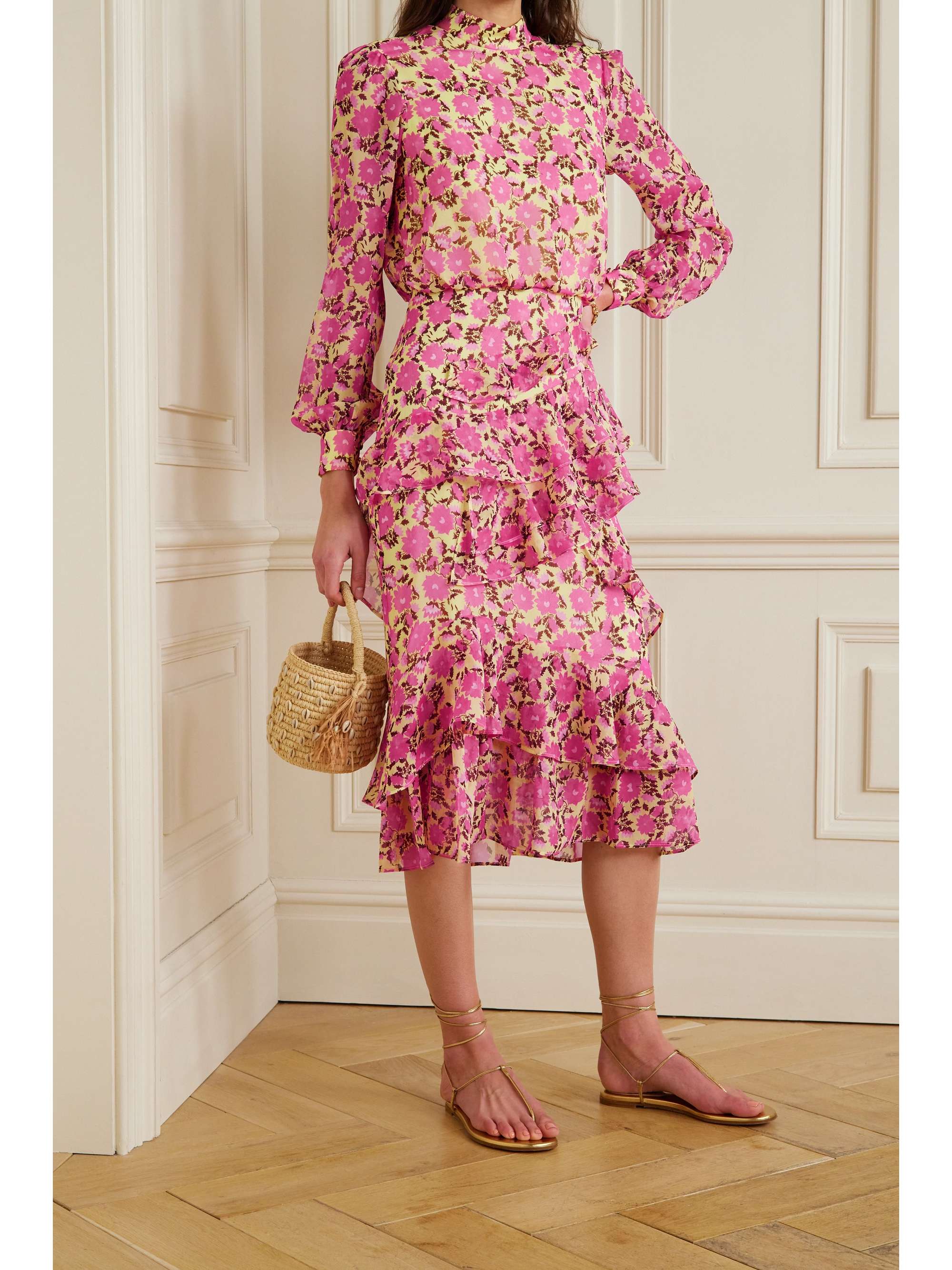 Pink Isa ruffled floral-print silk ...