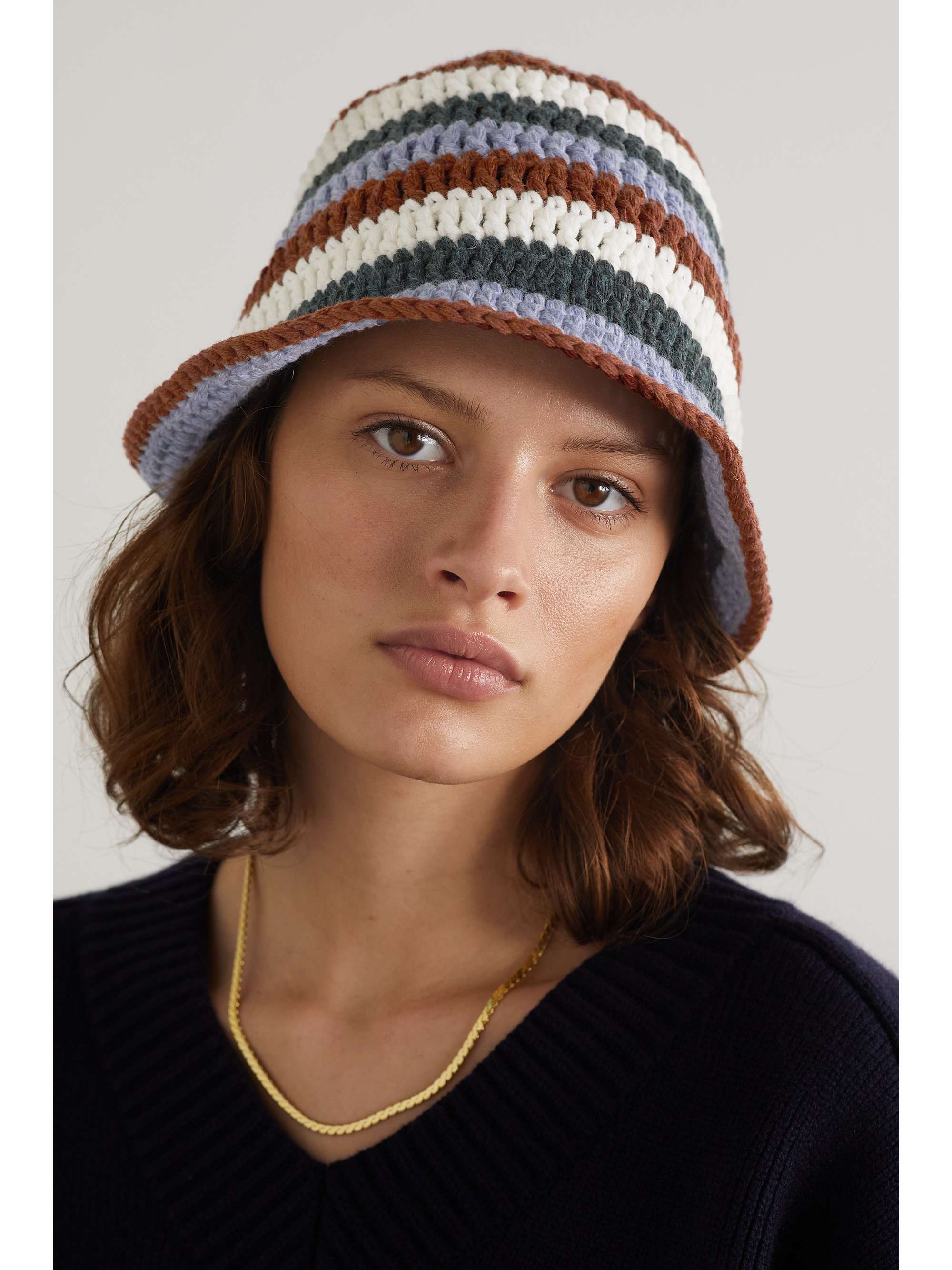 Blue Kam striped crocheted cashmere 