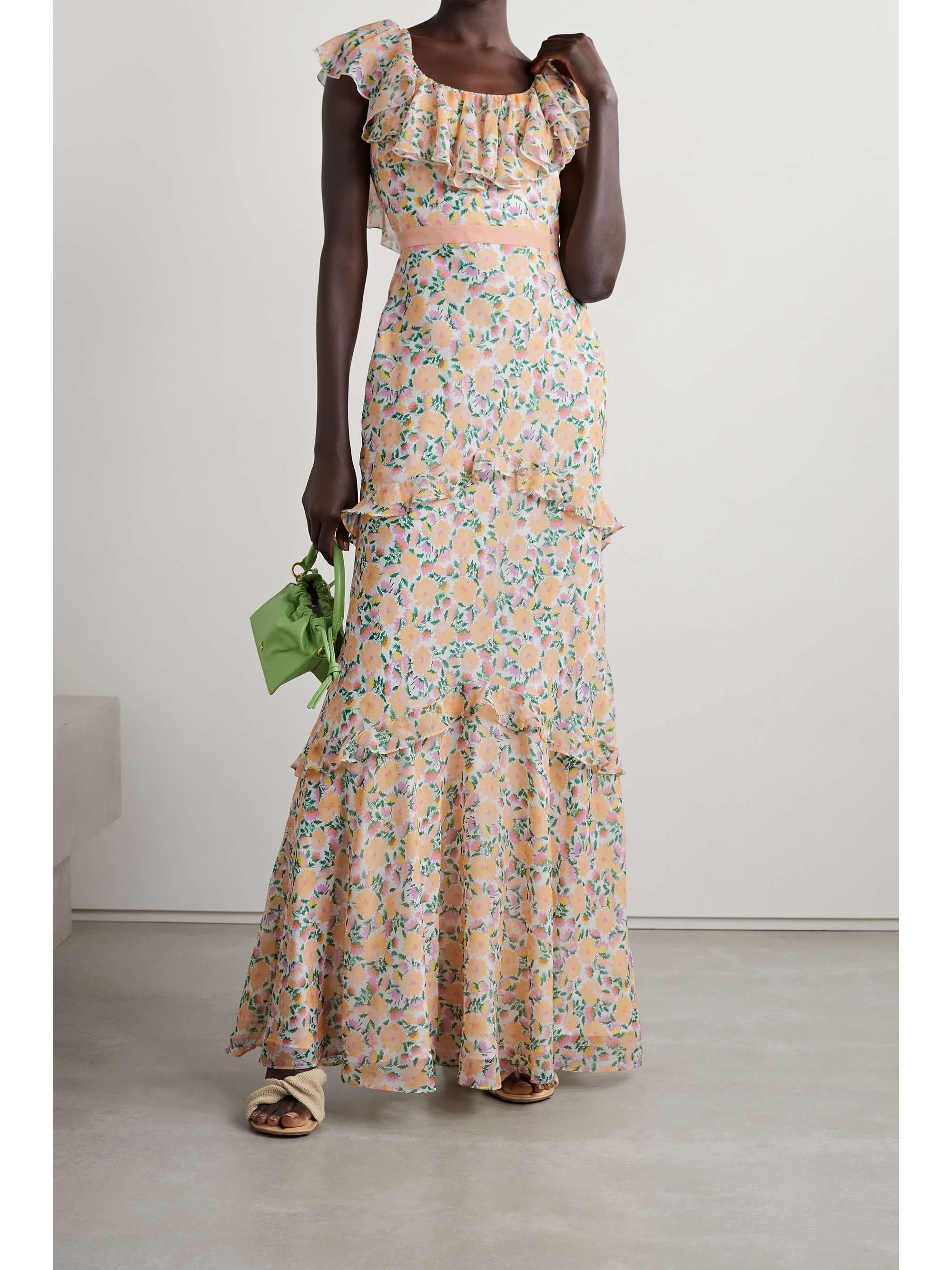 Peach Ella ruffled floral-print silk 