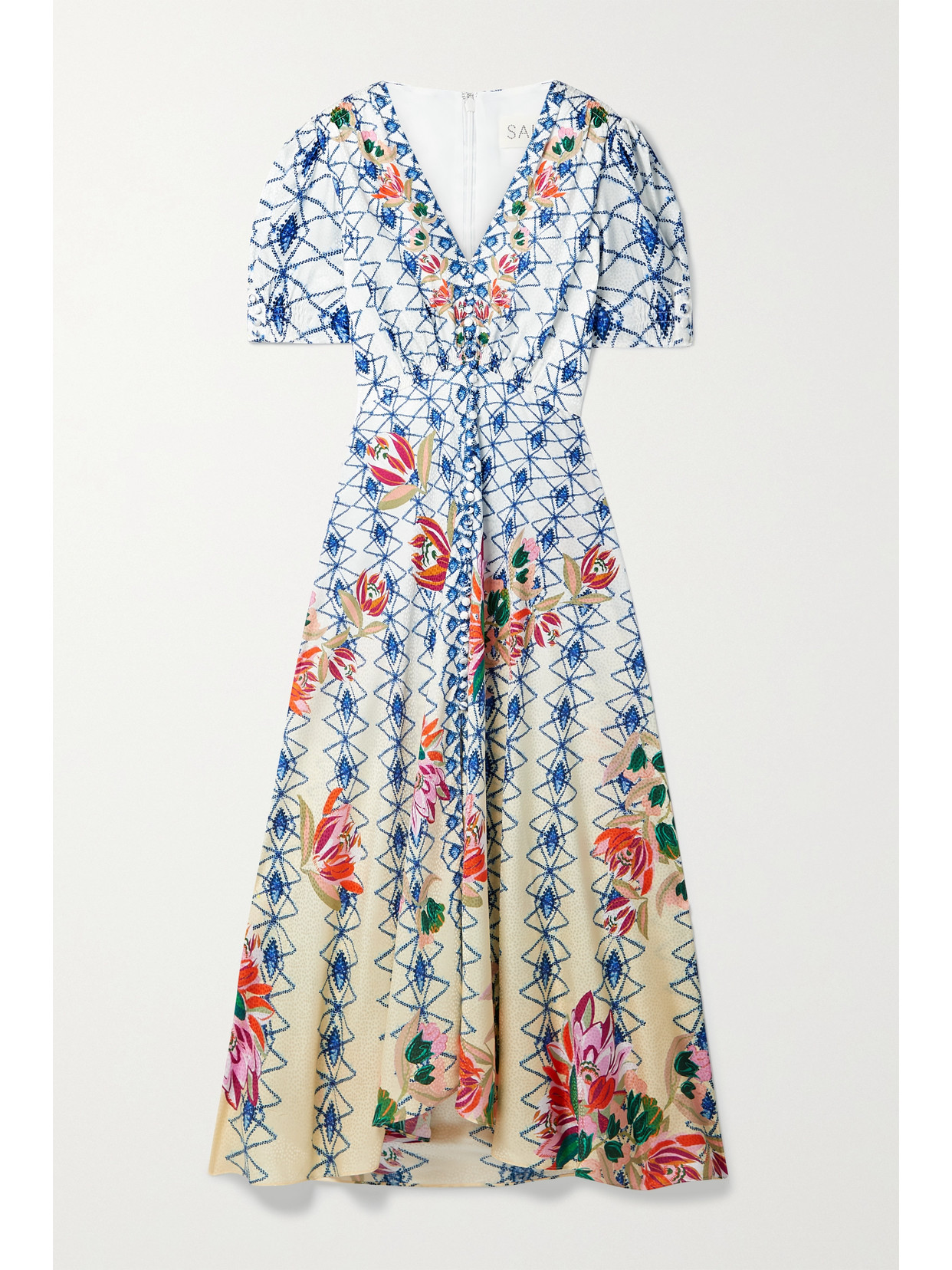 Saloni Lea Floral-print Silk-jacquard Maxi Dress In Blue