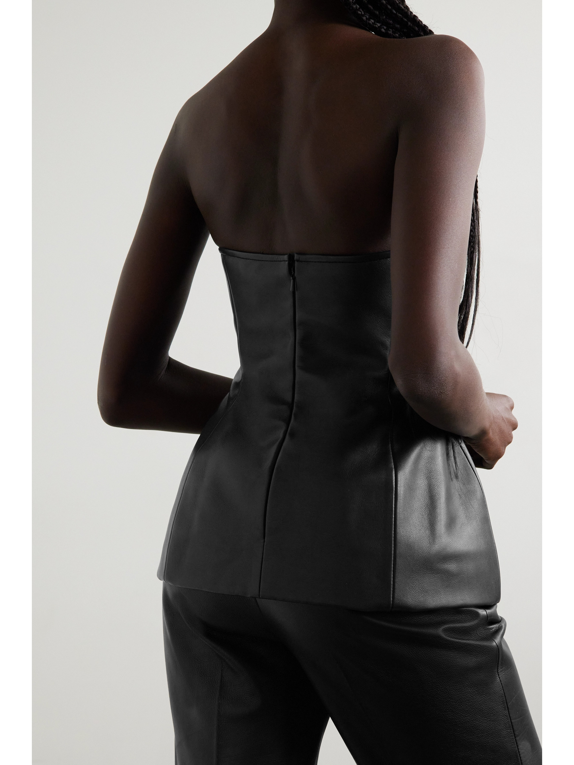 KHAITE Blanche strapless leather peplum top thumbnail