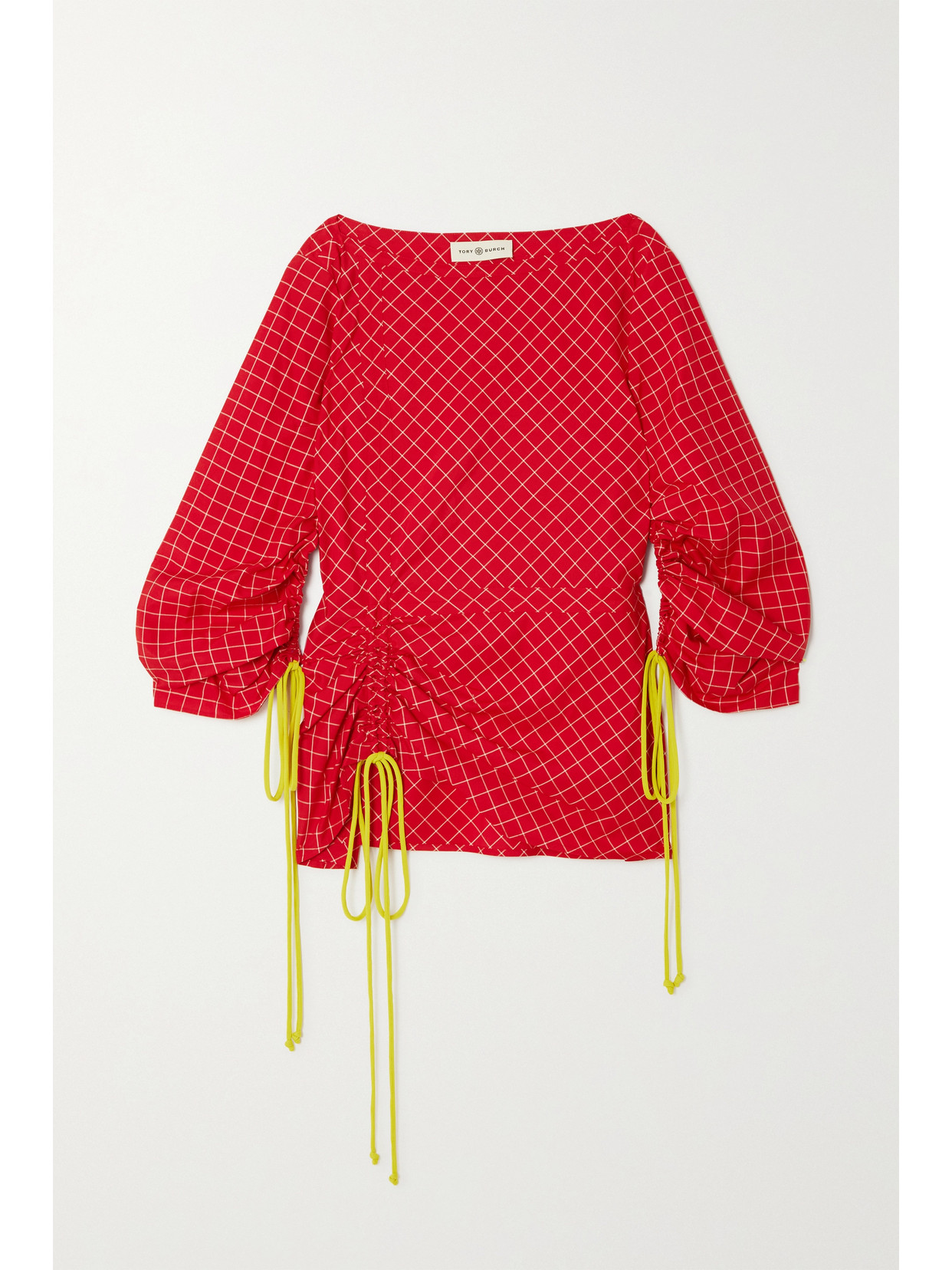 Tory Burch Gathered Checked Silk Top In Red