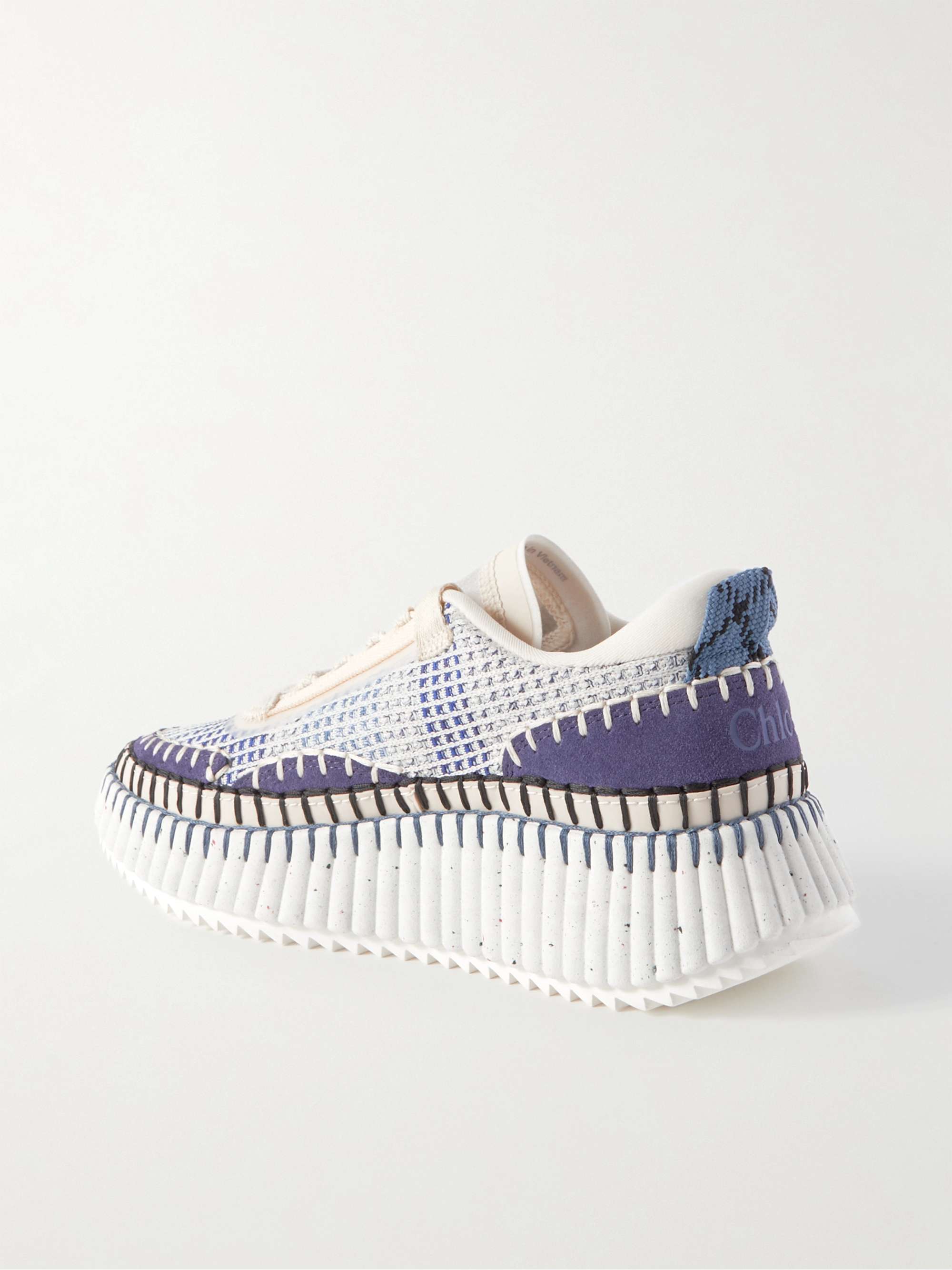 CHLOÉ + NET SUSTAIN Nama embroidered suede and recycled-mesh sneakers