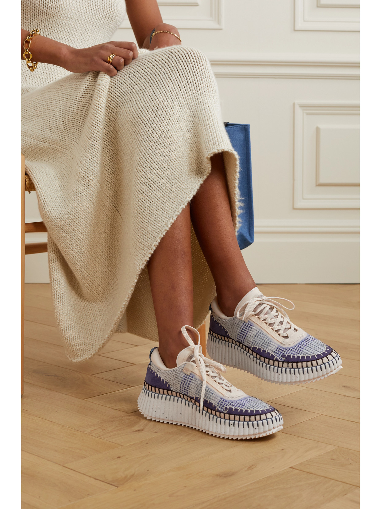 Chloé Nama Embroidered Suede And Recycled-mesh Sneakers In Blue