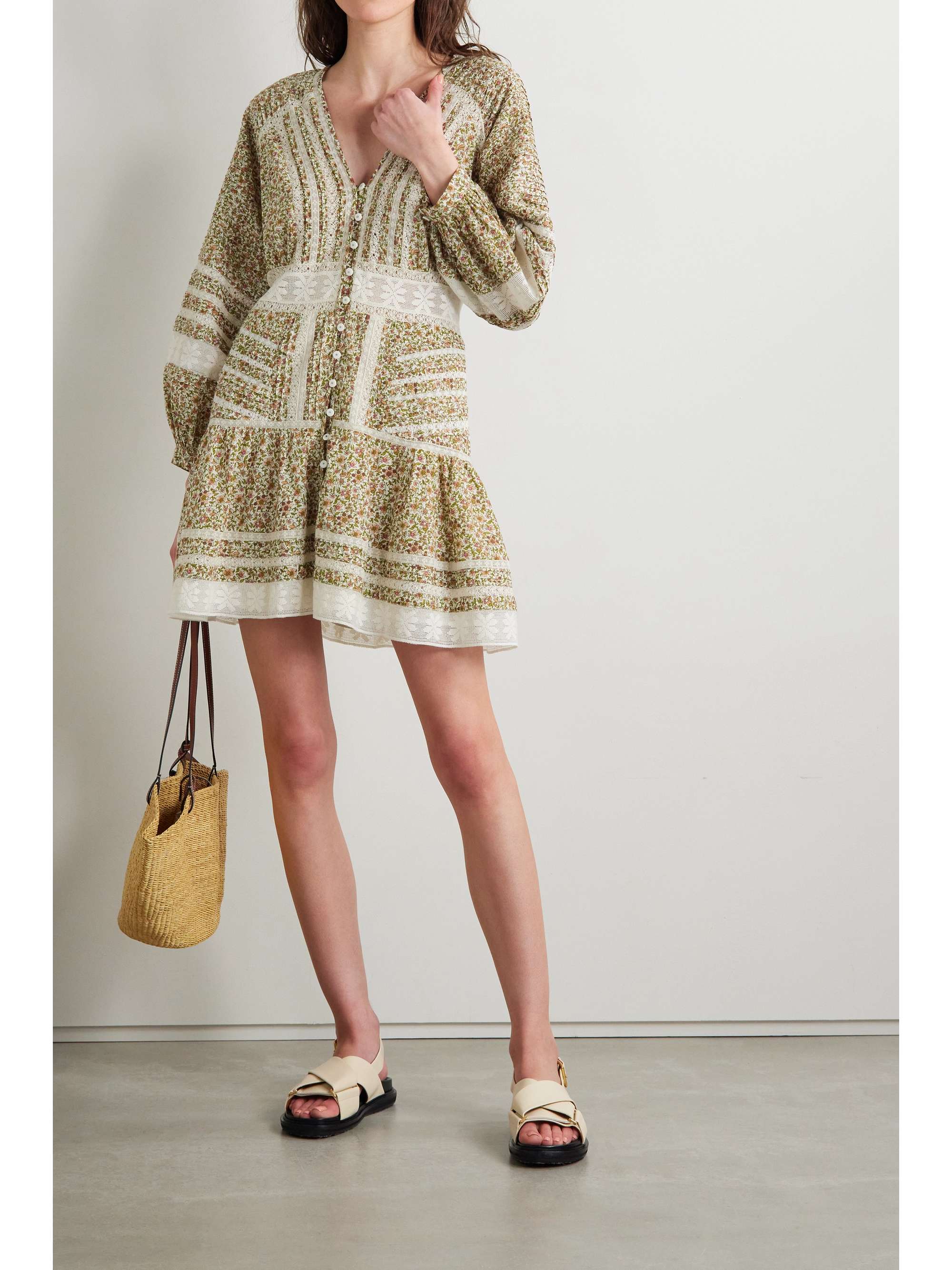 VERONICA BEARD Addilyn ruffled crochet-trimmed pintucked floral-print cotton mini dress | NET-A 