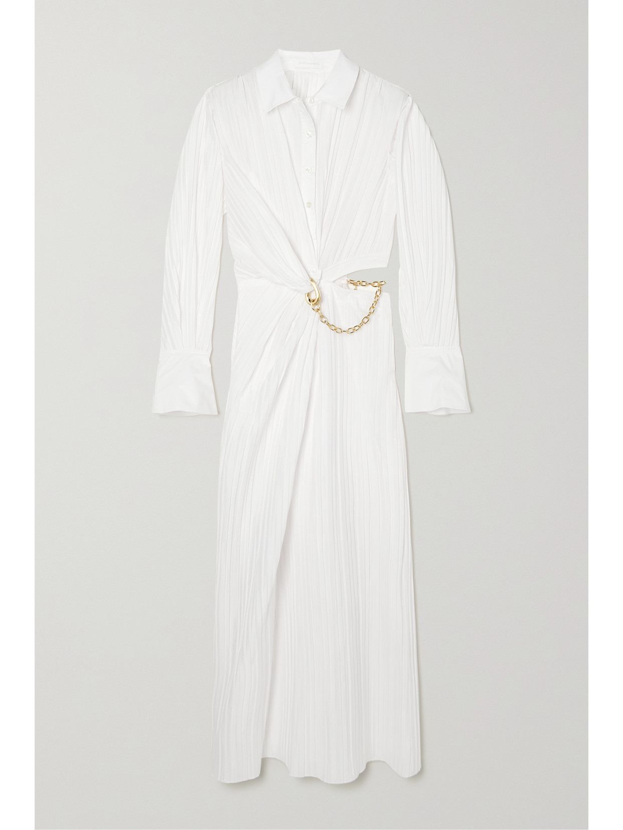 JONATHAN SIMKHAI FRAYA CHAIN-EMBELLISHED CUTOUT PLISSÉ COTTON-BLEND MIDI DRESS