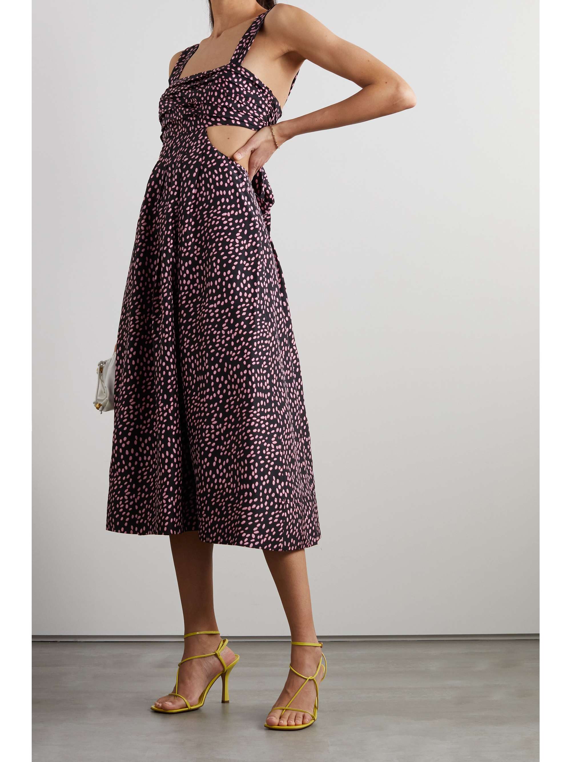 REBECCA VALLANCE Cha Cha tie-back cutout pleated printed silk-habotai midi dress