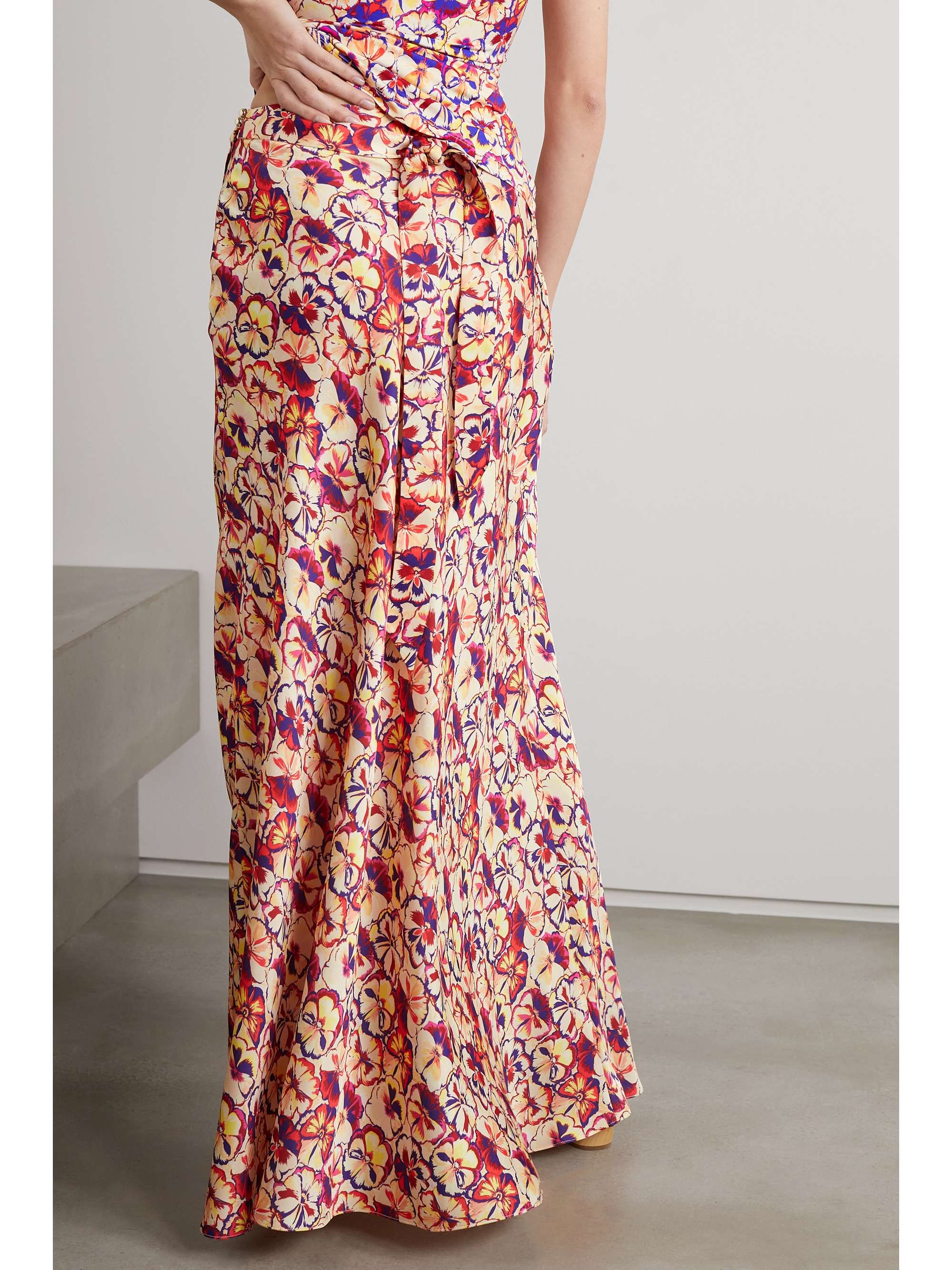 RABANNE Belted floral-print crepe de chine maxi skirt
