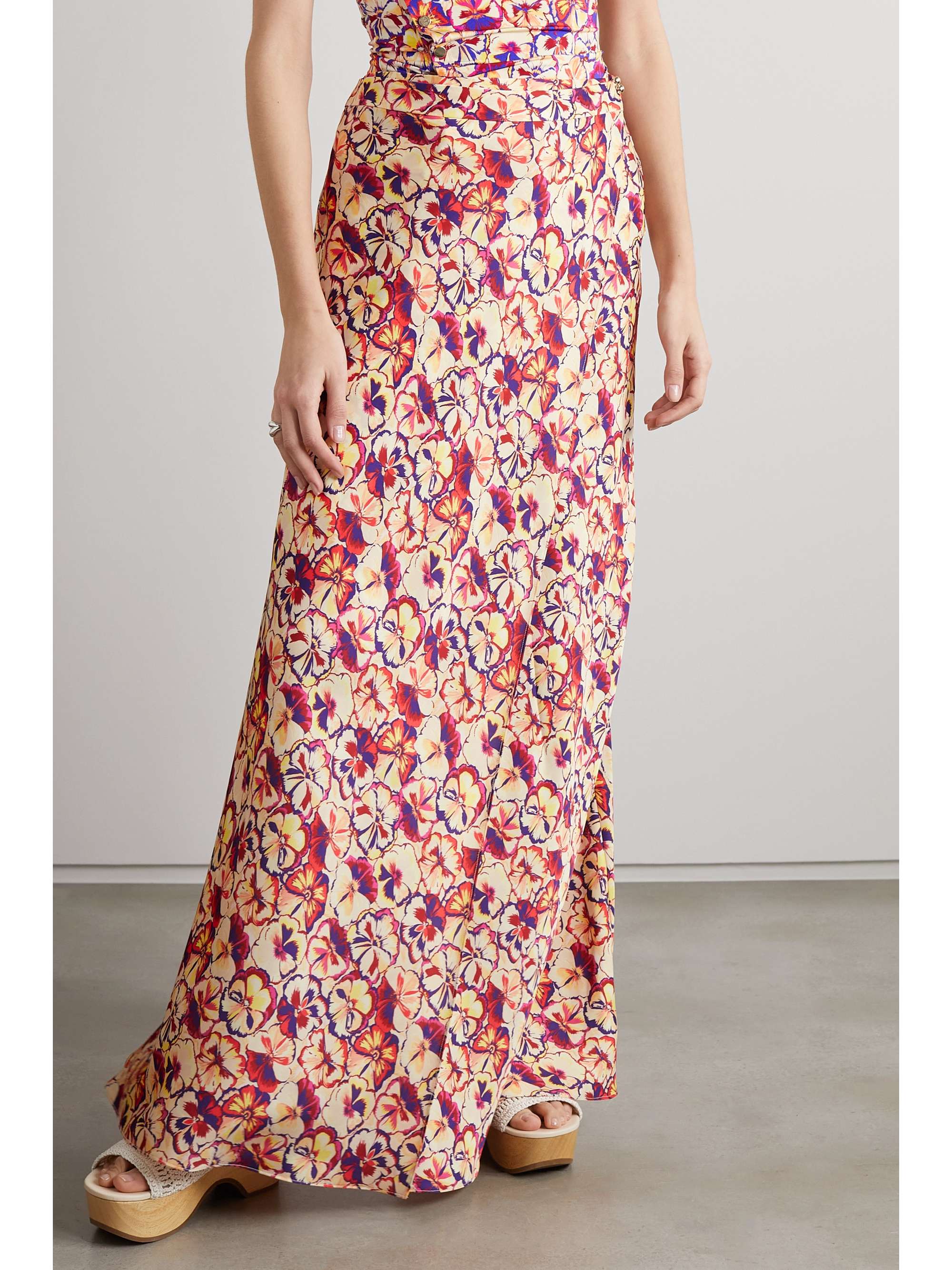 RABANNE Belted floral-print crepe de chine maxi skirt