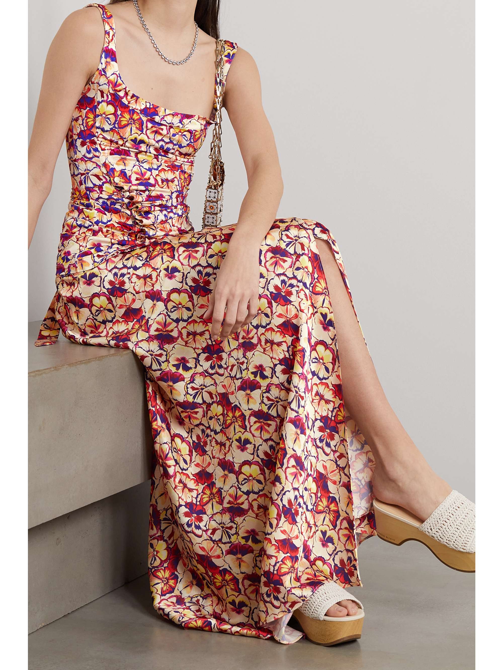 RABANNE Belted floral-print crepe de chine maxi skirt