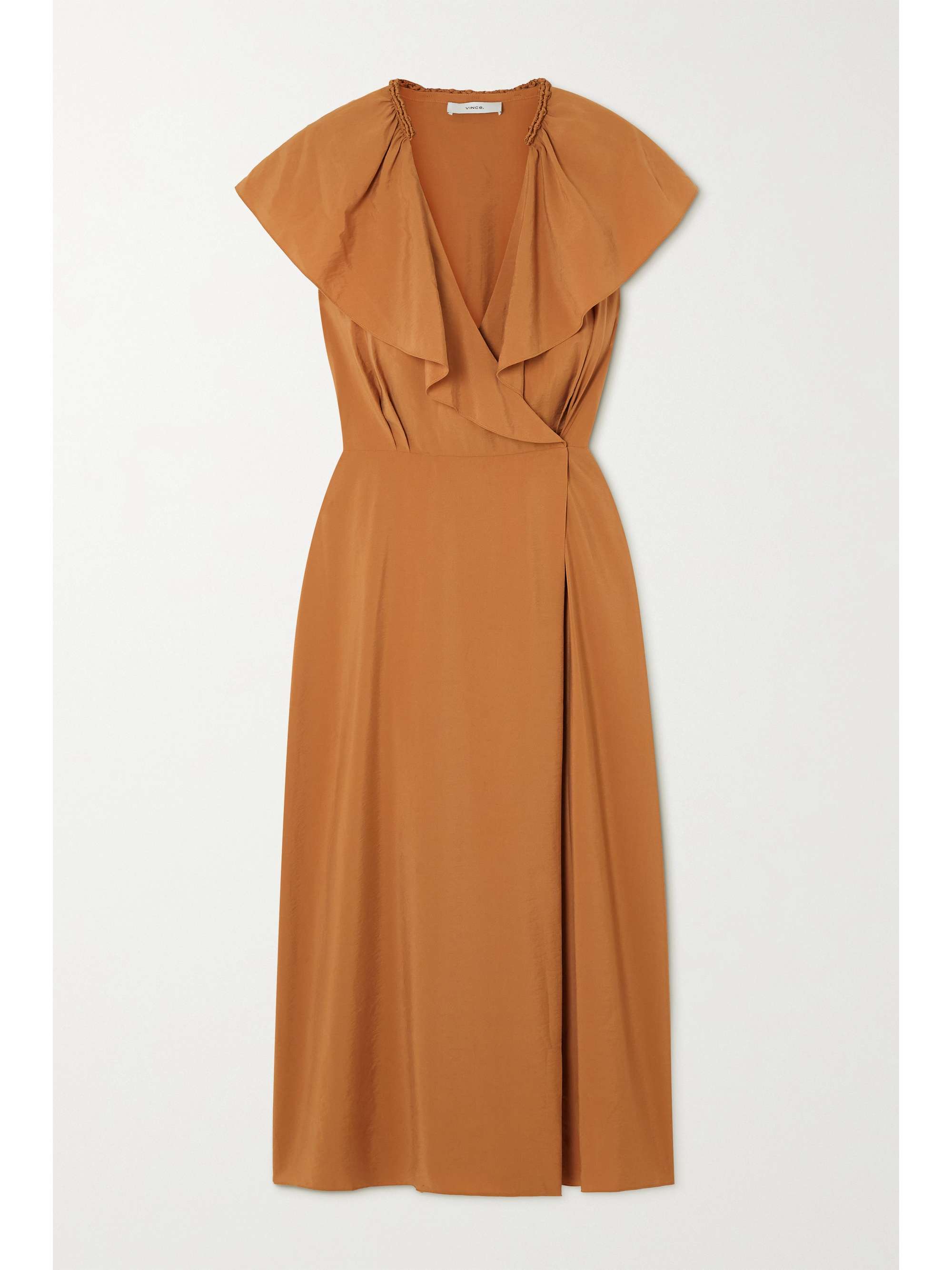 Tan Wrap-effect ruffled woven midi dress | VINCE | NET-A-PORTER