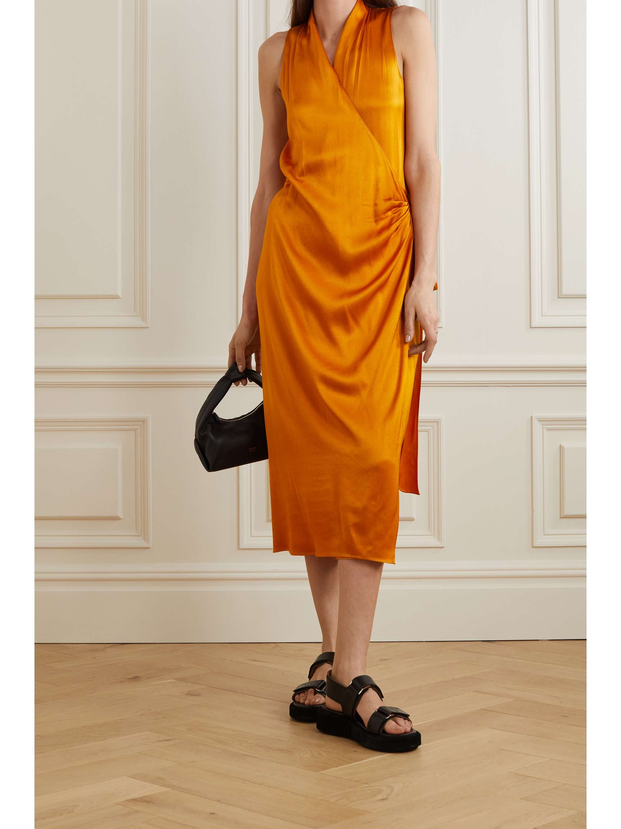 Orange Draped satin midi wrap dress | VINCE | NET-A-PORTER