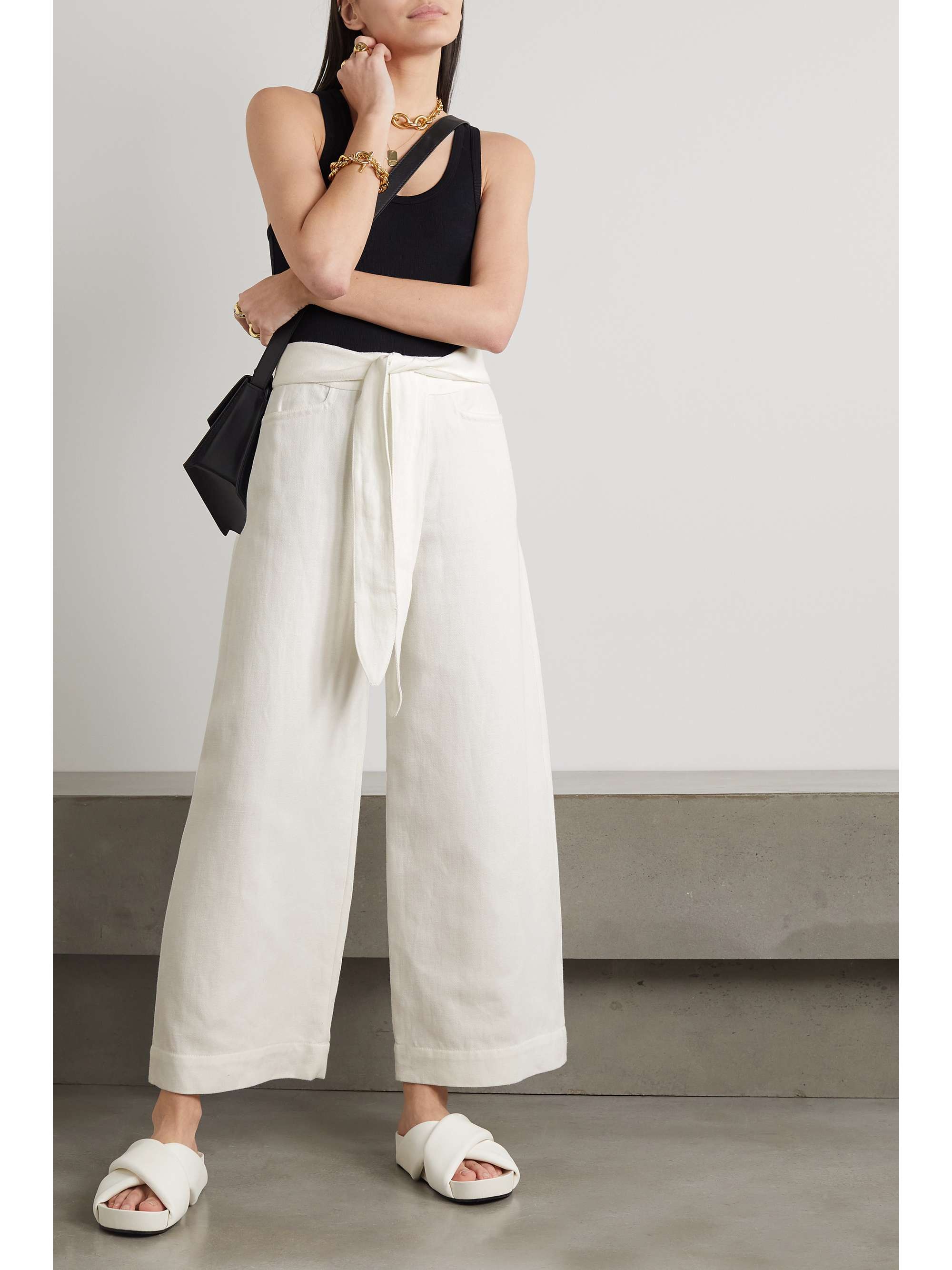 White Belted cotton and linen-blend 