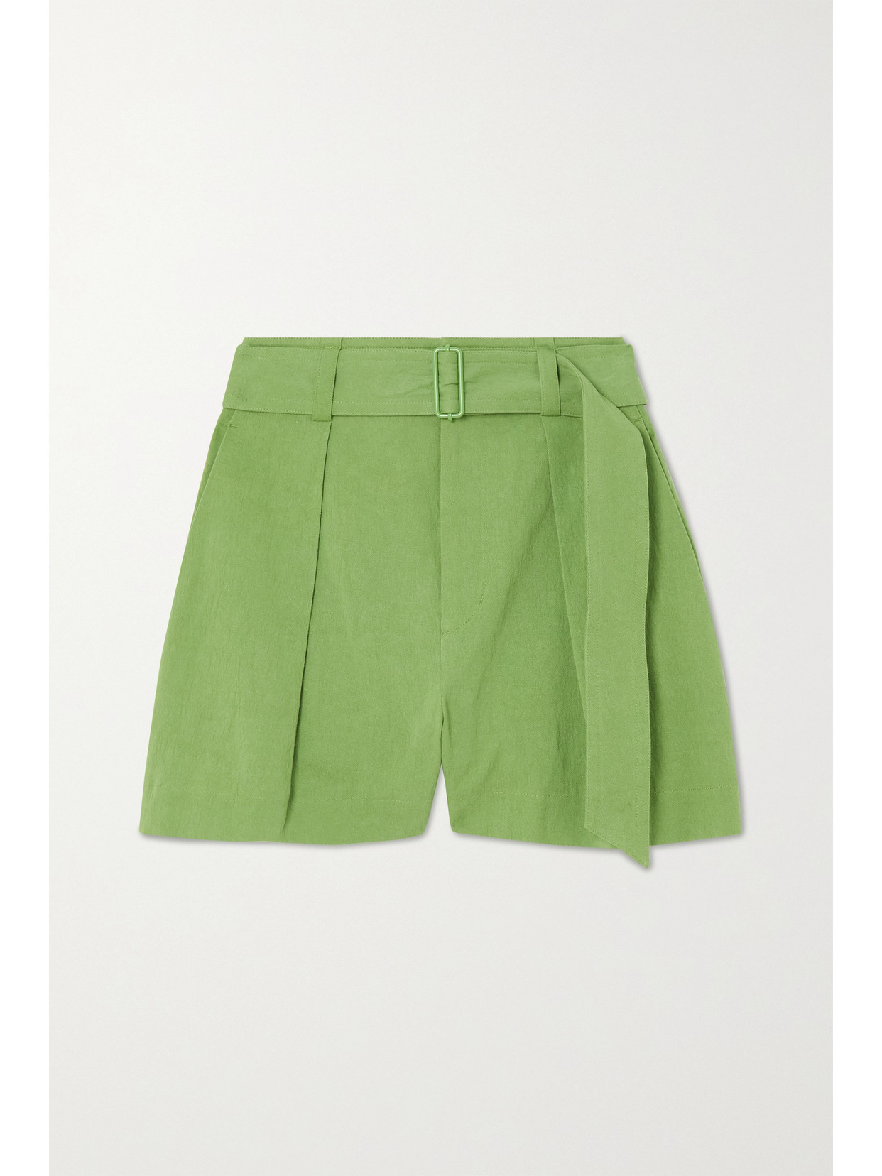 Vince Belted Cotton And Linen-blend Twill Shorts In Green
