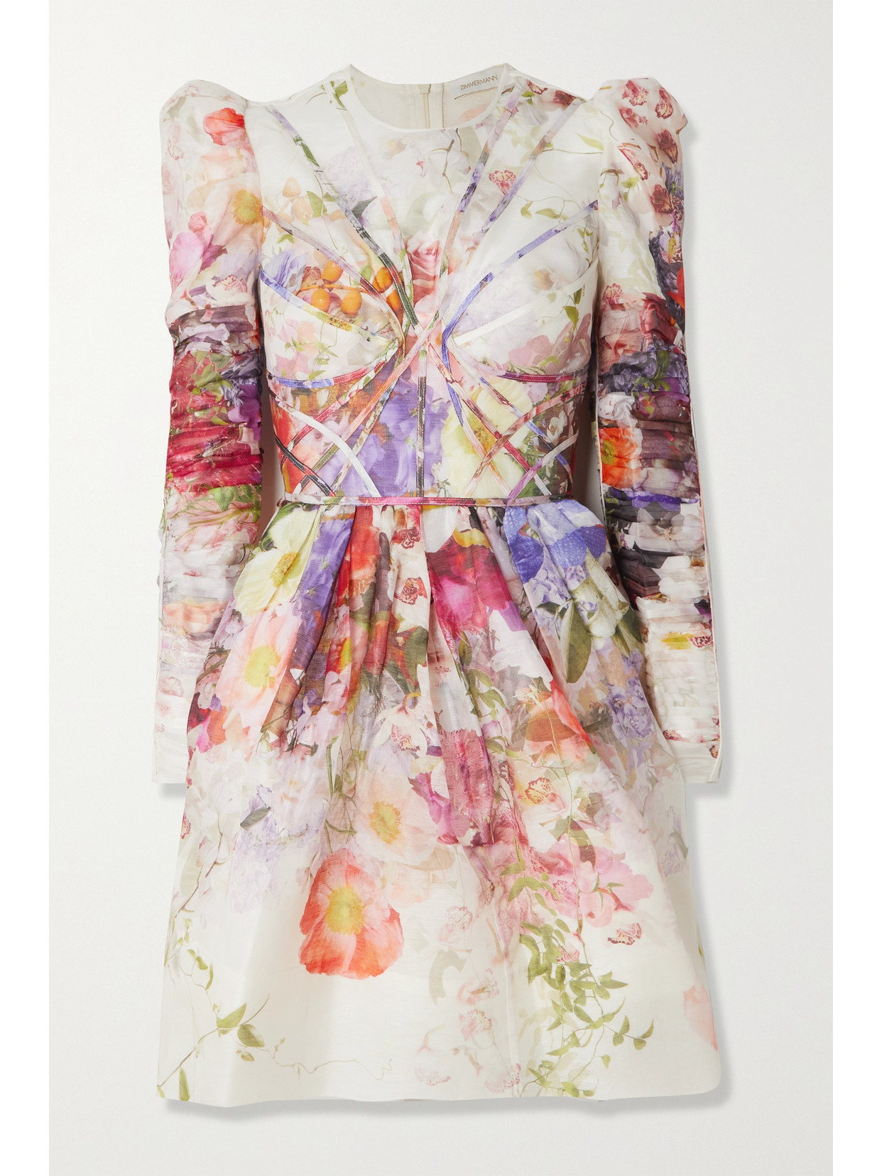 ZIMMERMANN PRIMA PANELED FLORAL-PRINT LINEN AND SILK-BLEND ORGANZA MINI DRESS