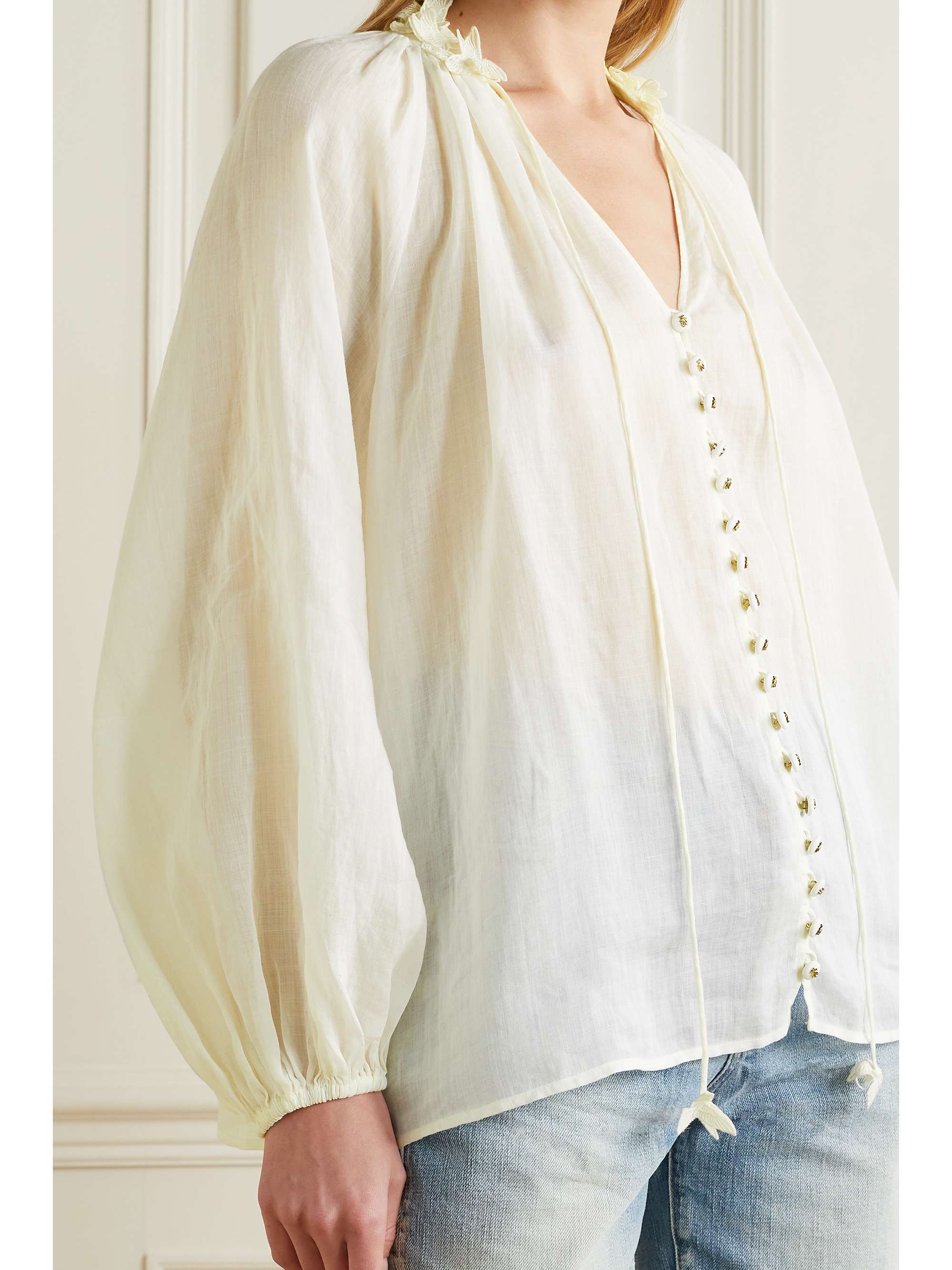 Dancer appliquéd embellished ramie-gauze blouse Dancer appliquéd embellished ramie-gauze blouse