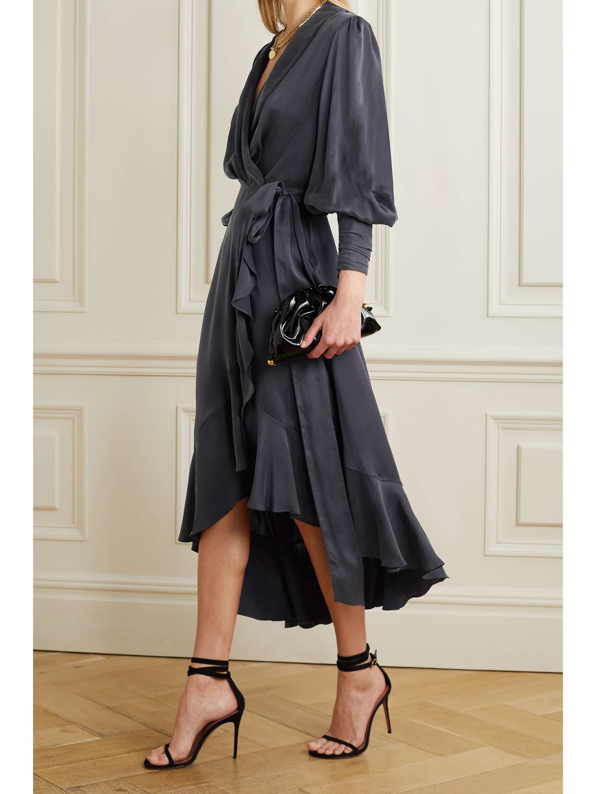 Midnight blue Asymmetric ruffled silk-satin wrap dress | ZIMMERMANN |  NET-A-PORTER